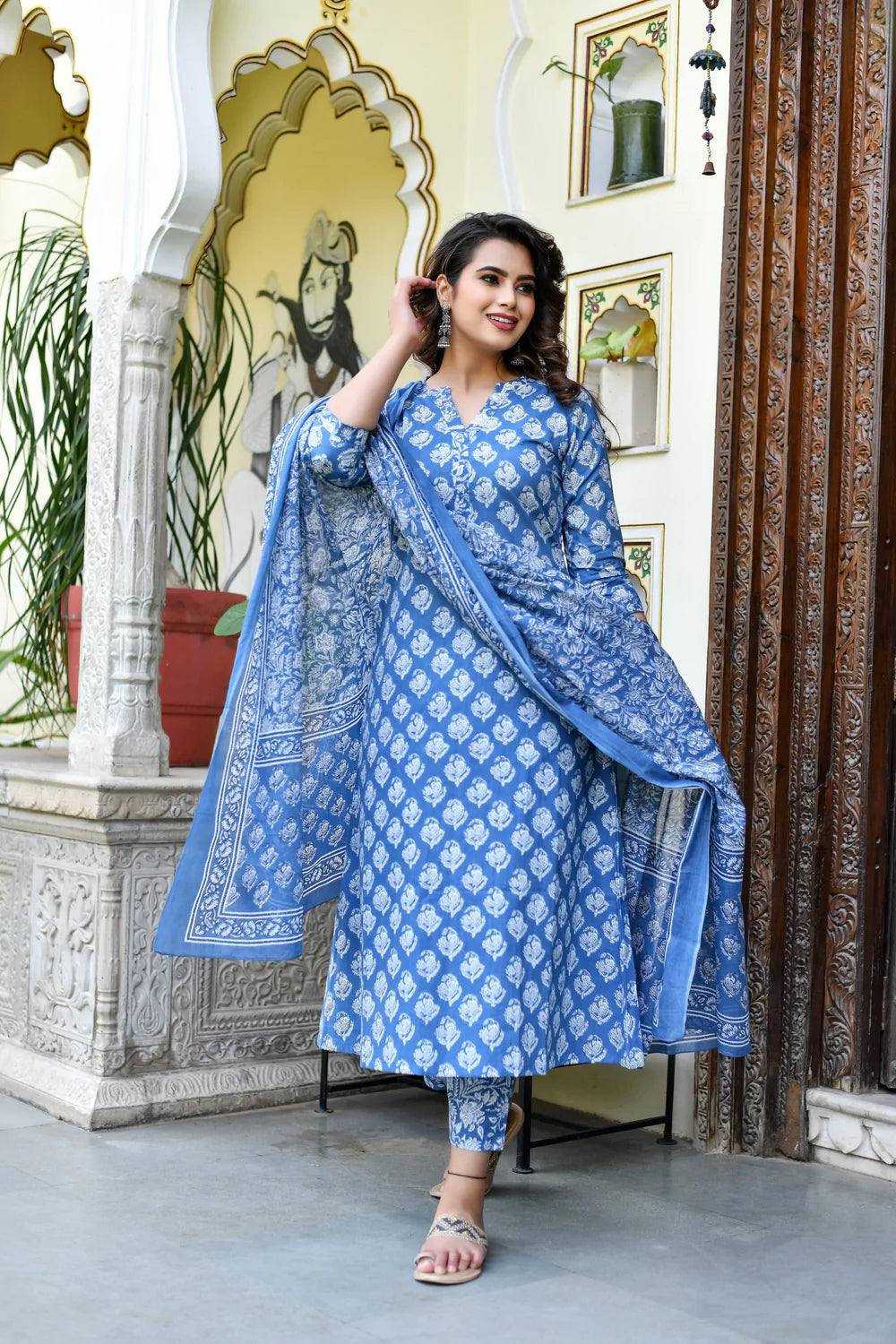 Ethnic Set Women Block A Line Printed Kurta and Pant Set with Dupatta