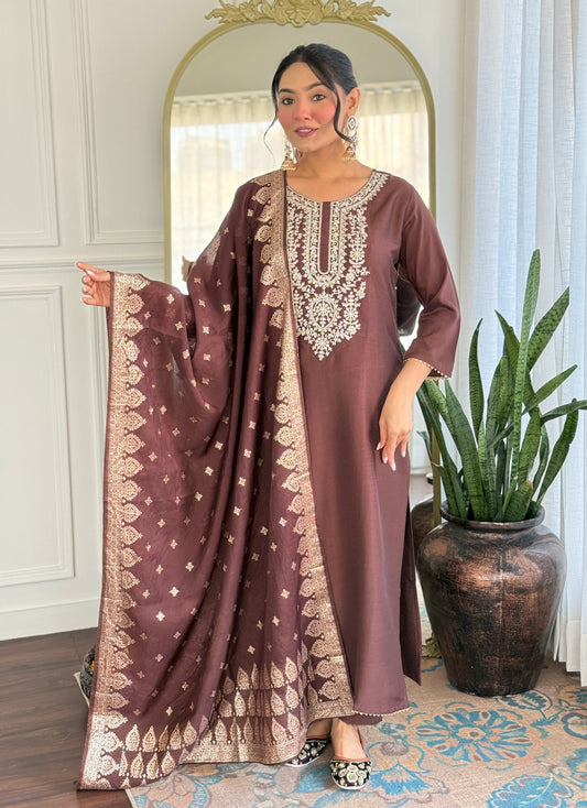 Elegant Solid Embroidered Kurta Set for Women – Festive Wear with Dupatta