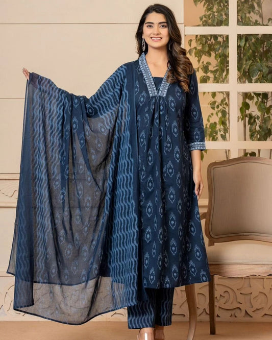 Ethnic Set Women A-Line Blue Kurta And Pant Set With Dupatta