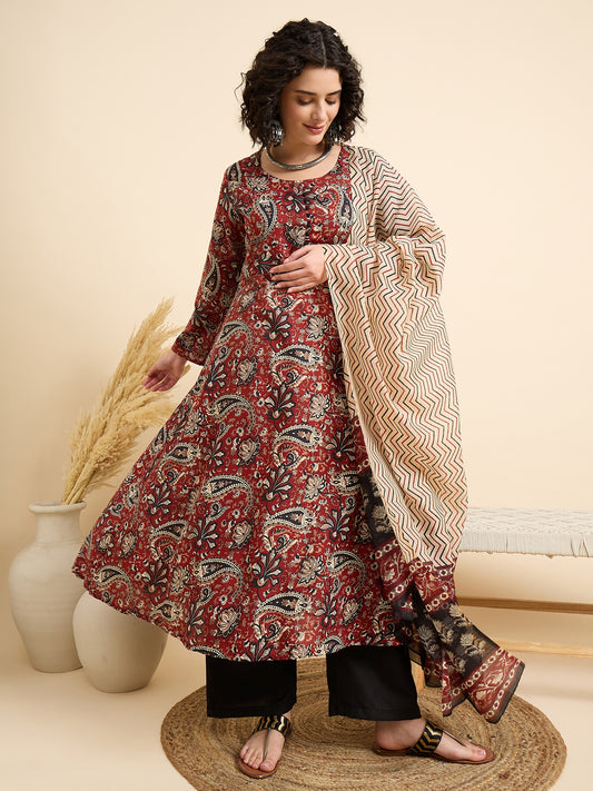 Ethnic Set Women Printed Anarkali Maroon Kurta And Pant Set With Dupatta