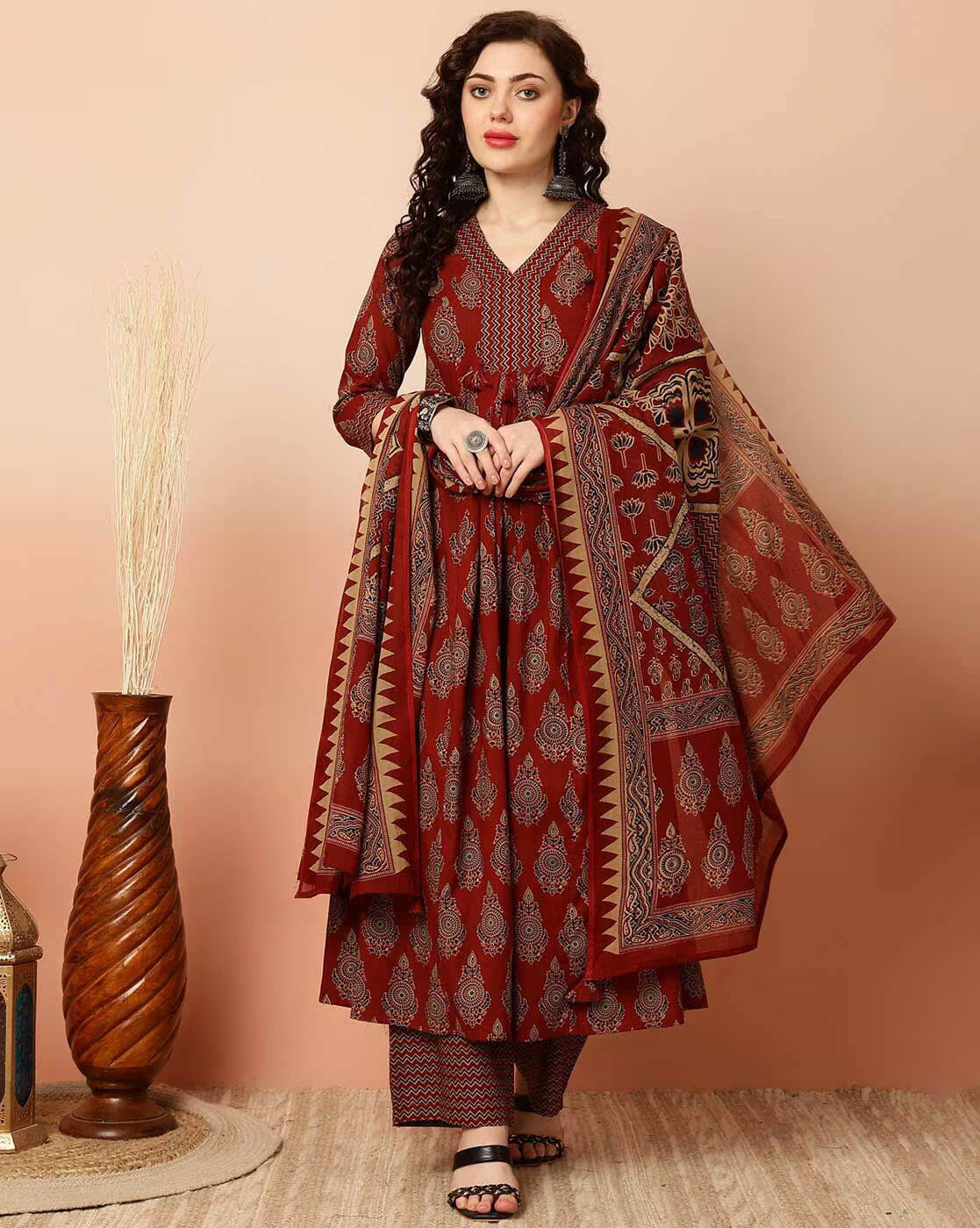 Ethnic Set Women Printed Anarkali Red Kurta and Pant Set With Dupatta