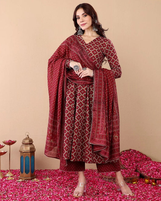 Ethnic Set Women Printed A-Line Kurta and Pant Set With Dupatta
