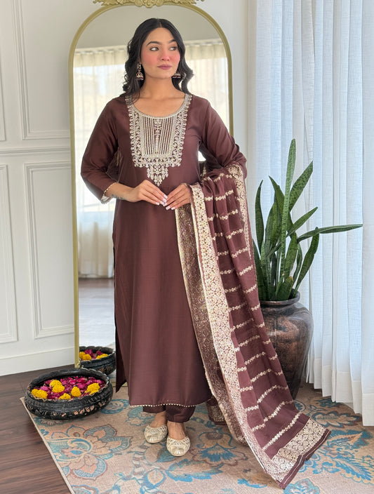 Elegant Solid Embroidered Kurta Set for Women – Festive Wear with Dupatta