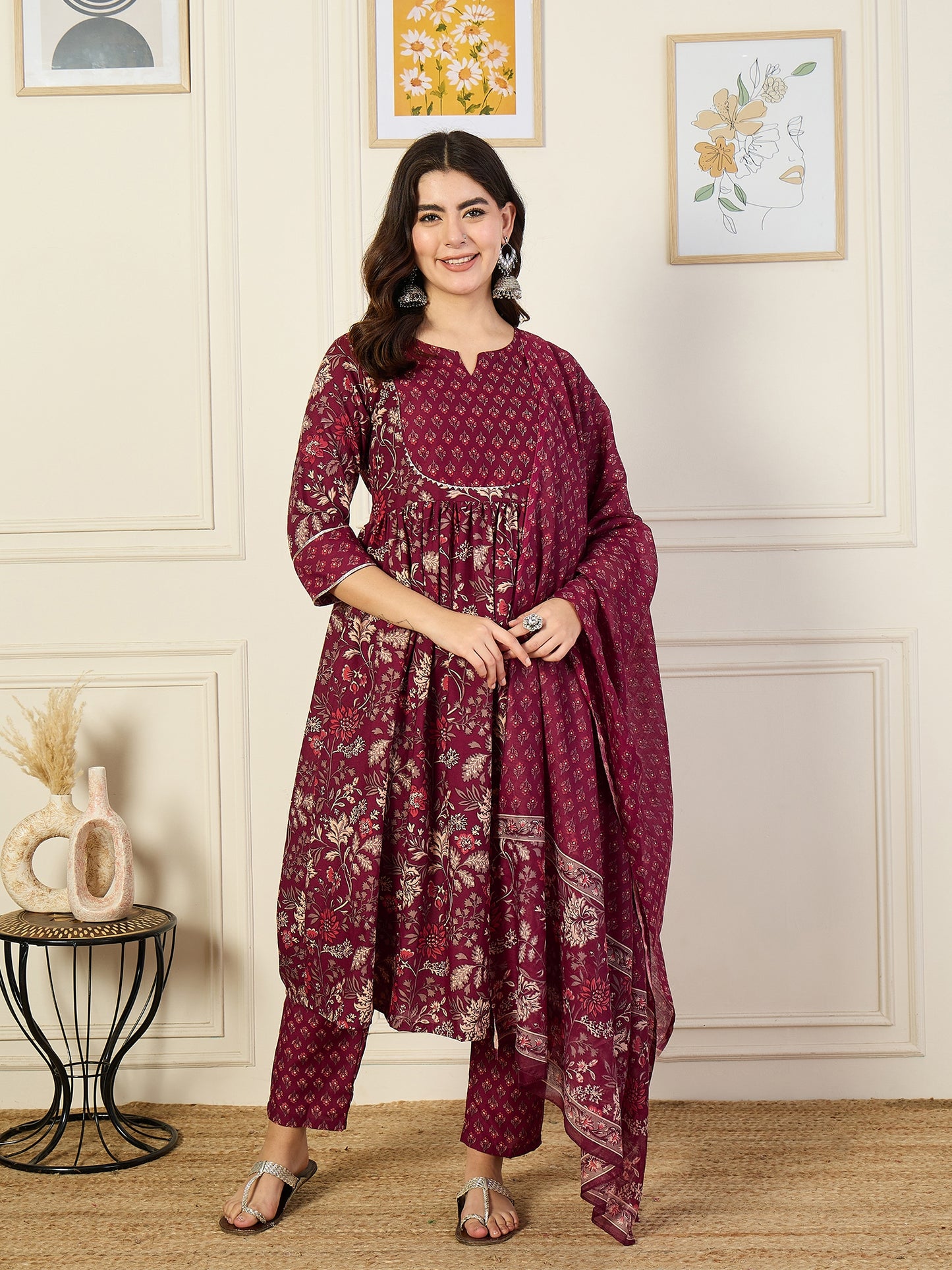 Ethnic Set Women Floral Printed Anarkali Maroon Kurta and Pant Set With Dupatta
