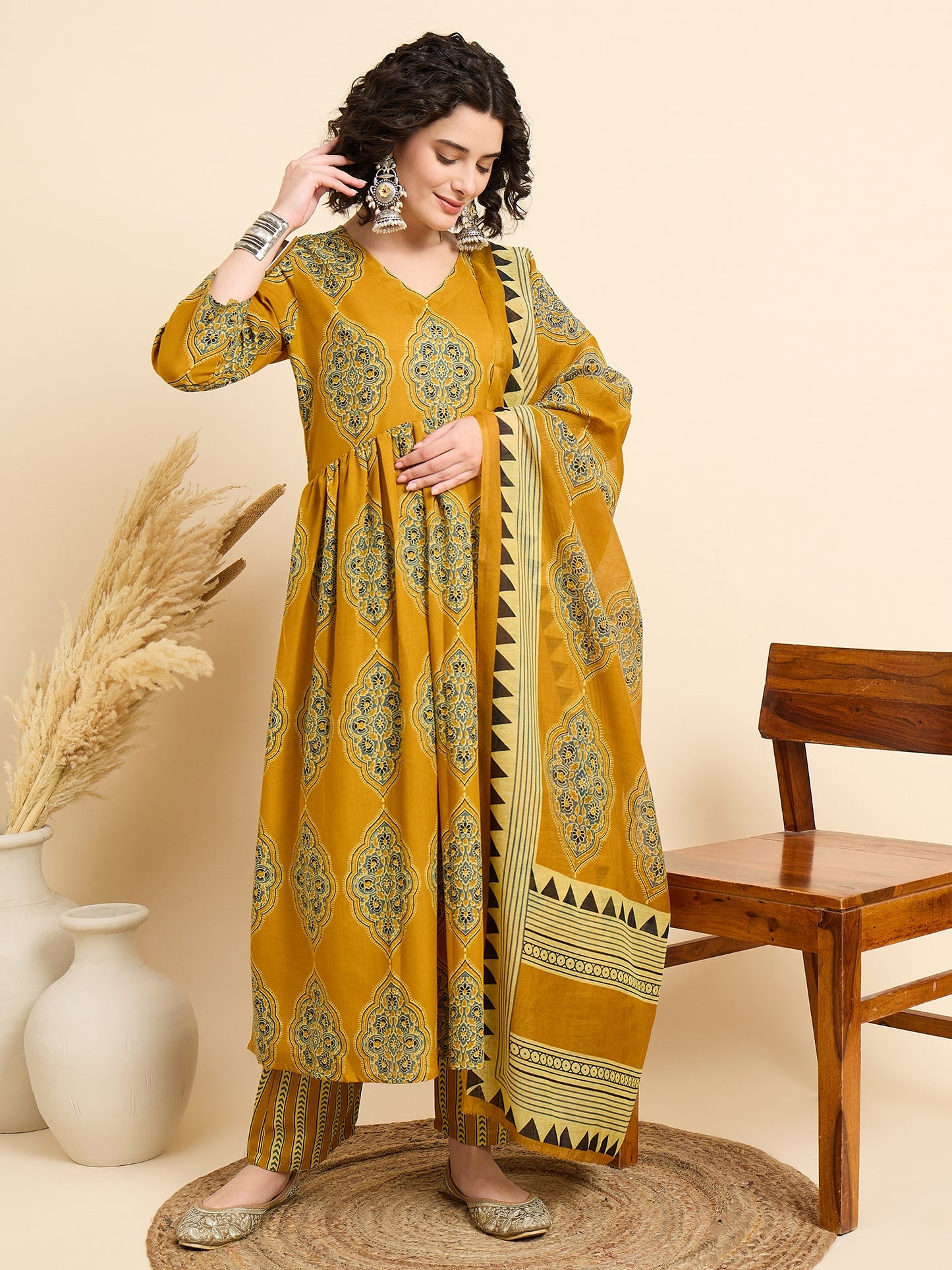 Ethnic Set Women Printed Anarkali Yellow Kurta And Pant Set With Dupatta