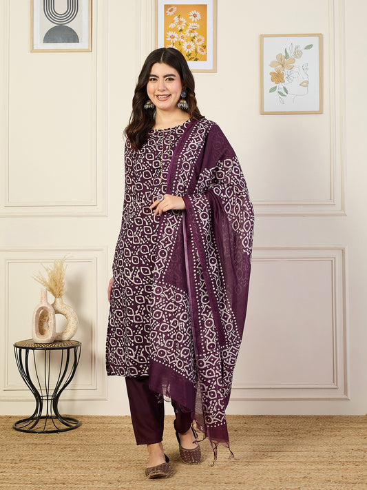 Ethnic Set Women Printed Straight Kurta and Pant Set With Dupatta
