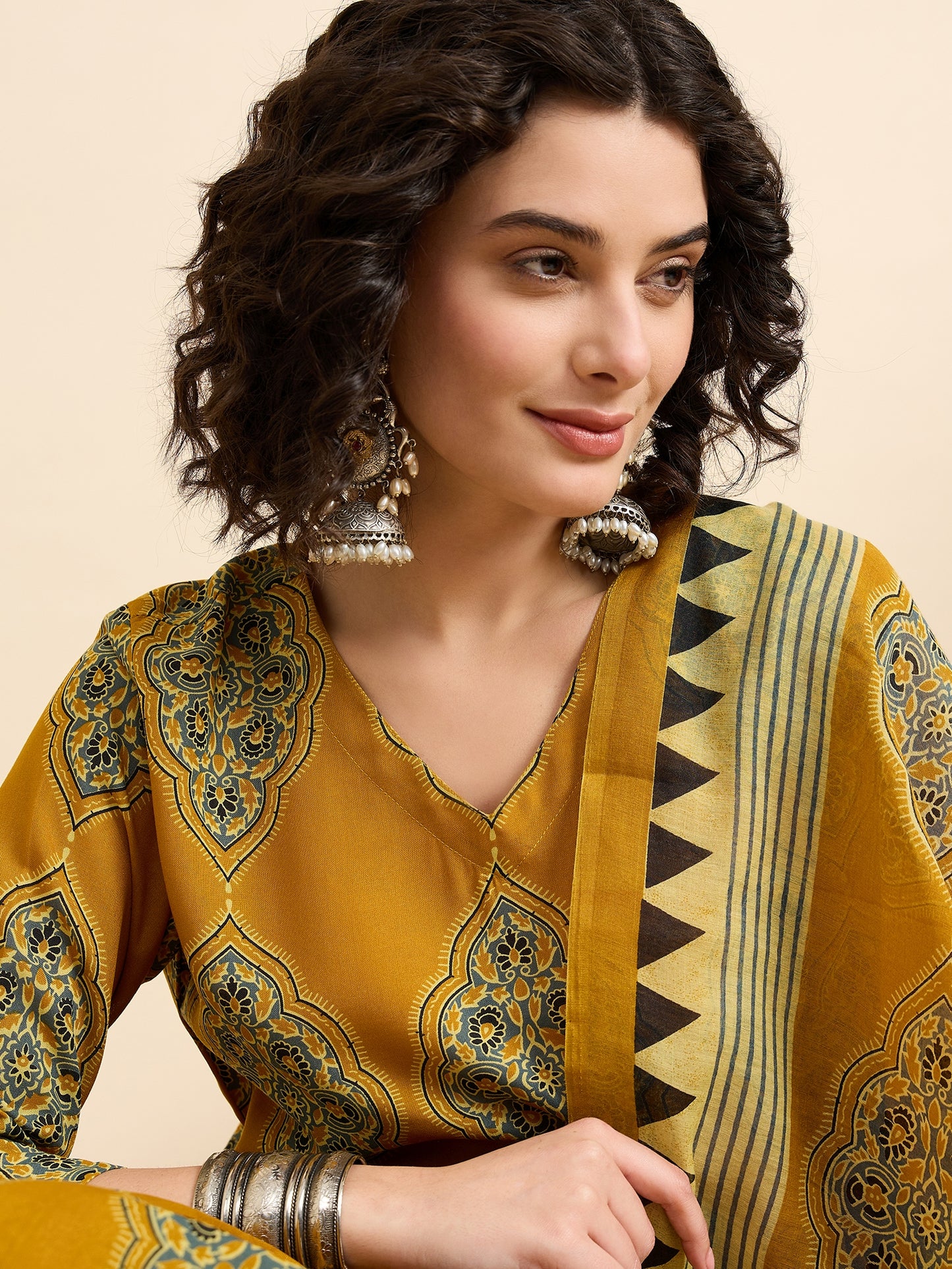 Ethnic Set Women Printed Anarkali Yellow Kurta And Pant Set With Dupatta