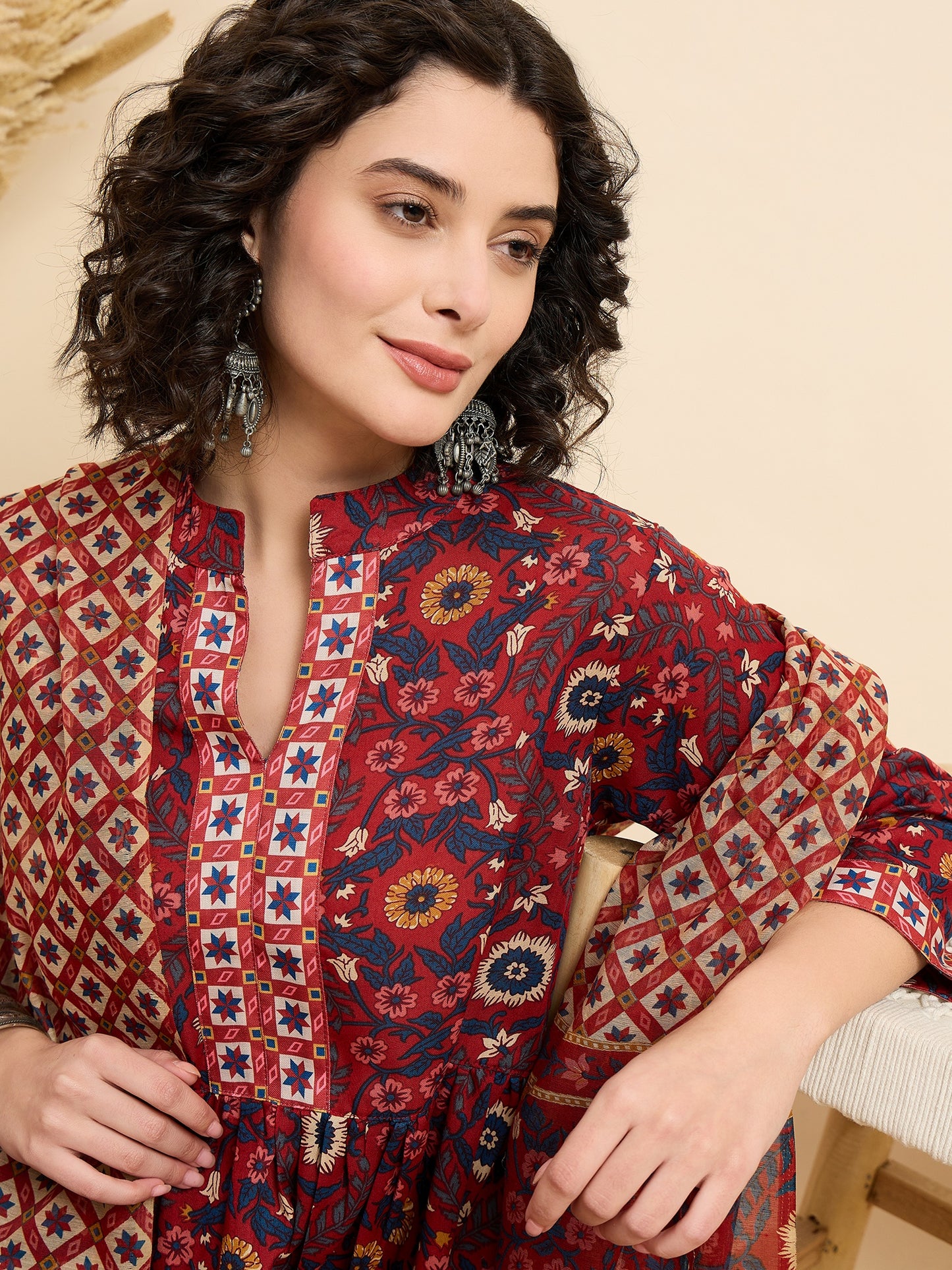 Ethnic Set Women Printed A-Line Red Kurta And Pant Set With Dupatta