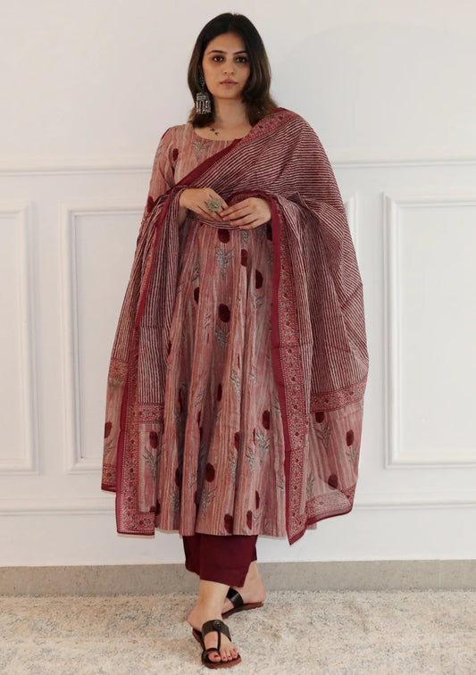 Ethnic Set Women Printed Anarkali Kurta and Pant Set with Dupatta