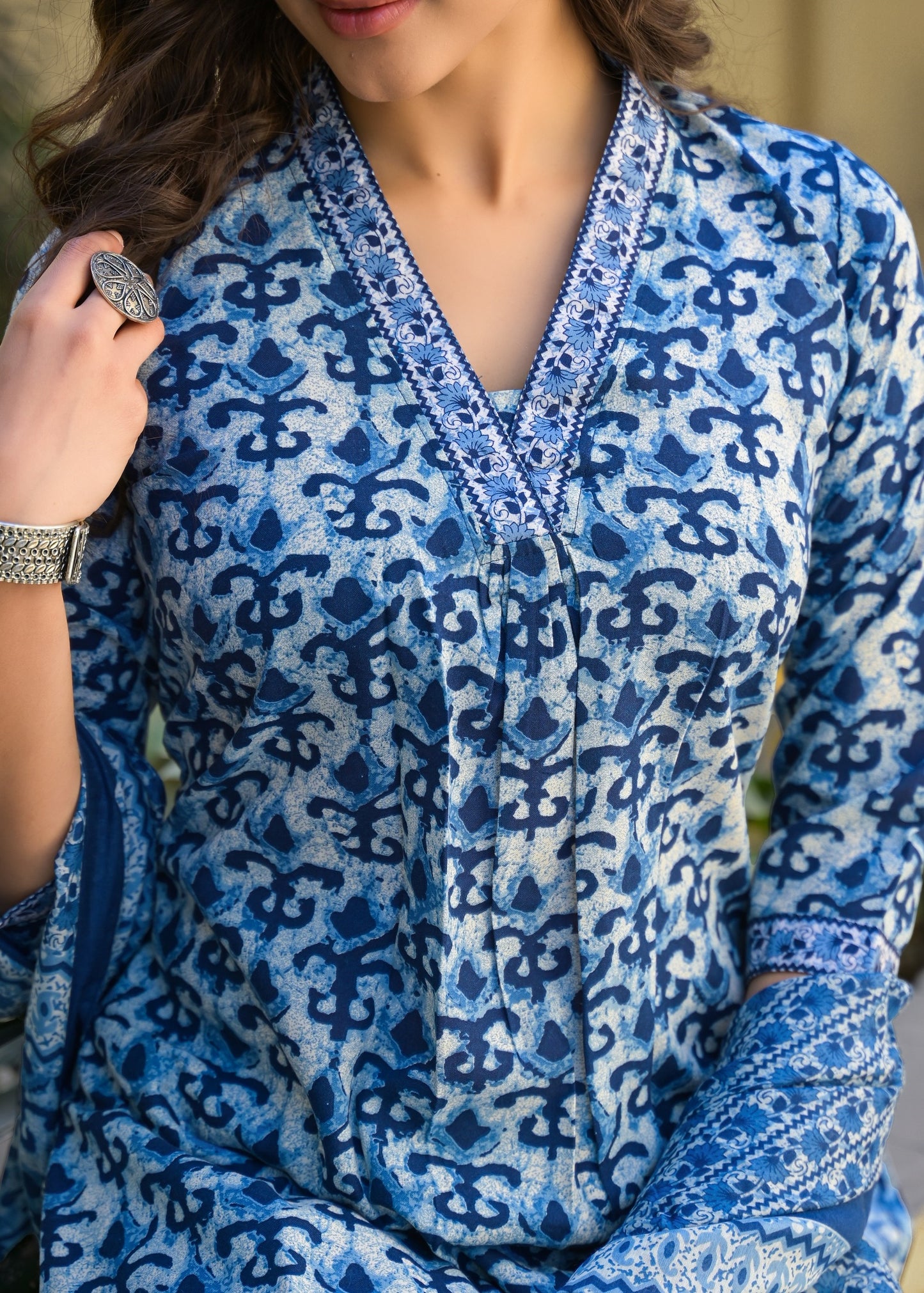 Ethnic Set Women Printed A-Line Blue Kurta And Pant Set With Dupatta