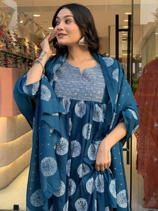 Ethnic Set Women A-Line Blue Kurta And Pant Set With Dupatta