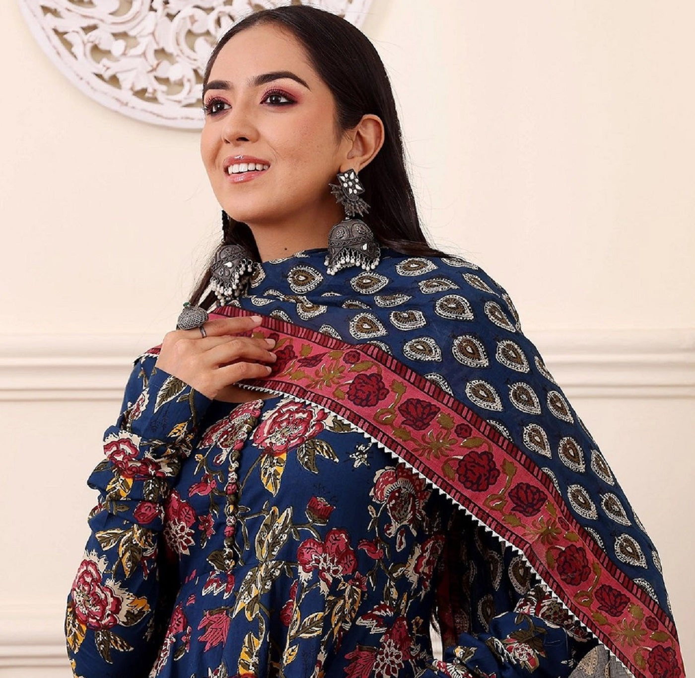 Ethnic Set Women Printed Anarkali Blue Kurta and Pant Set With Dupatta