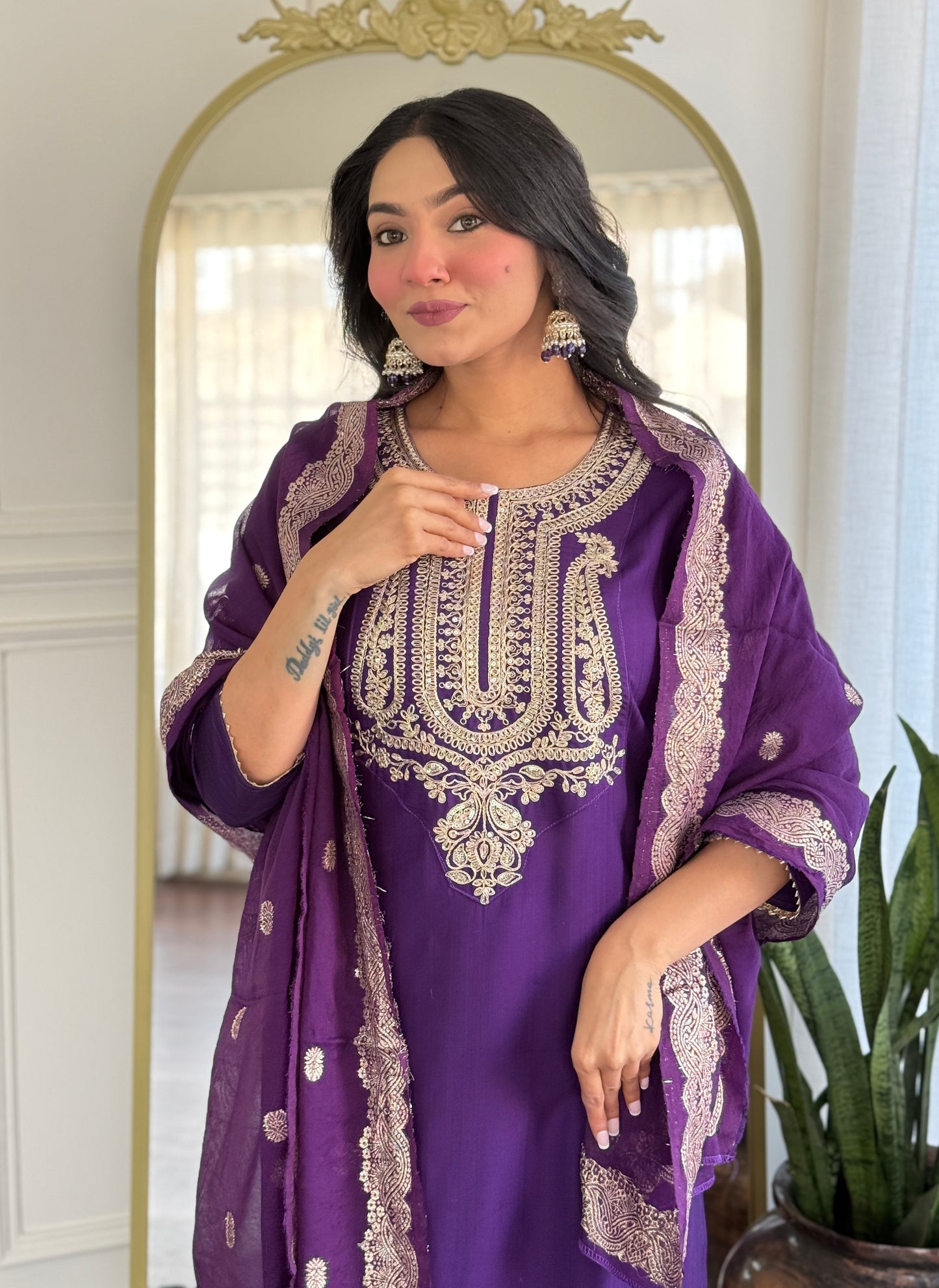 Women's Solid Embroidery Kurta Set – Ethnic Festive Wear (Kurta + Pants + Dupatta)