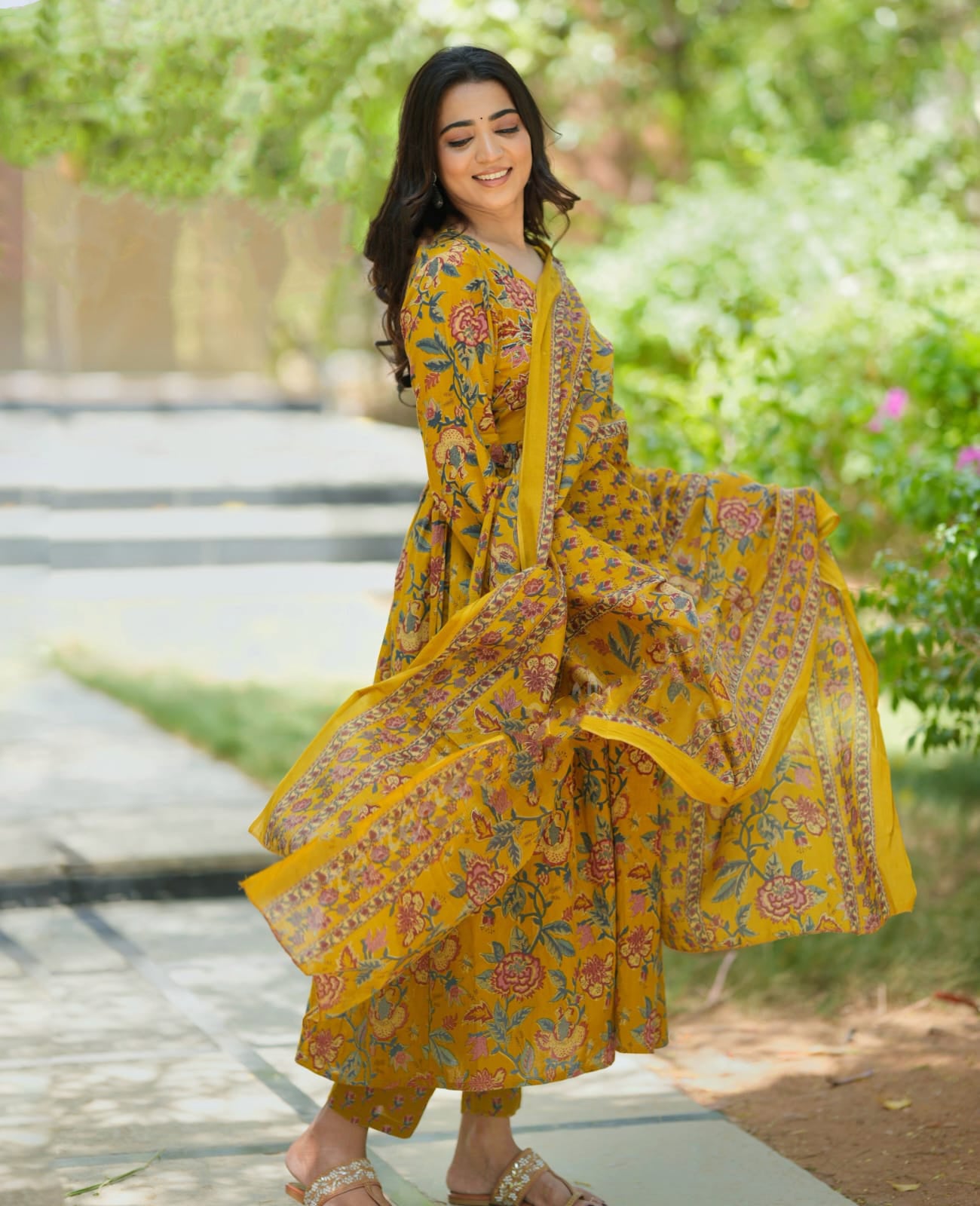 Ethnic Set Women Printed Floral Anarkali Yellow Kurta and Pant Set With Dupatta