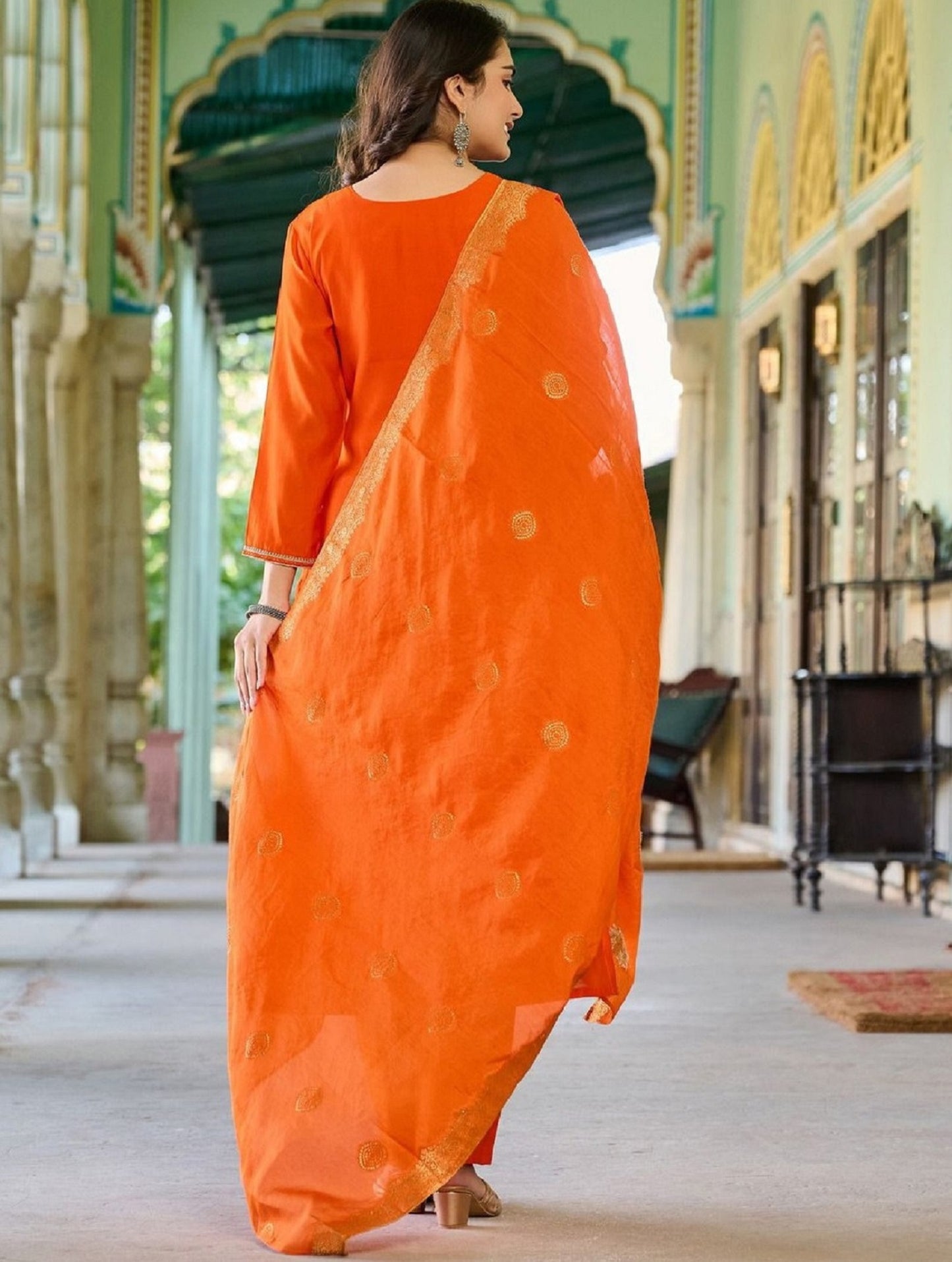 Ethnic Set Women Embroidered Straight Kurta And Pant Set With Dupatta
