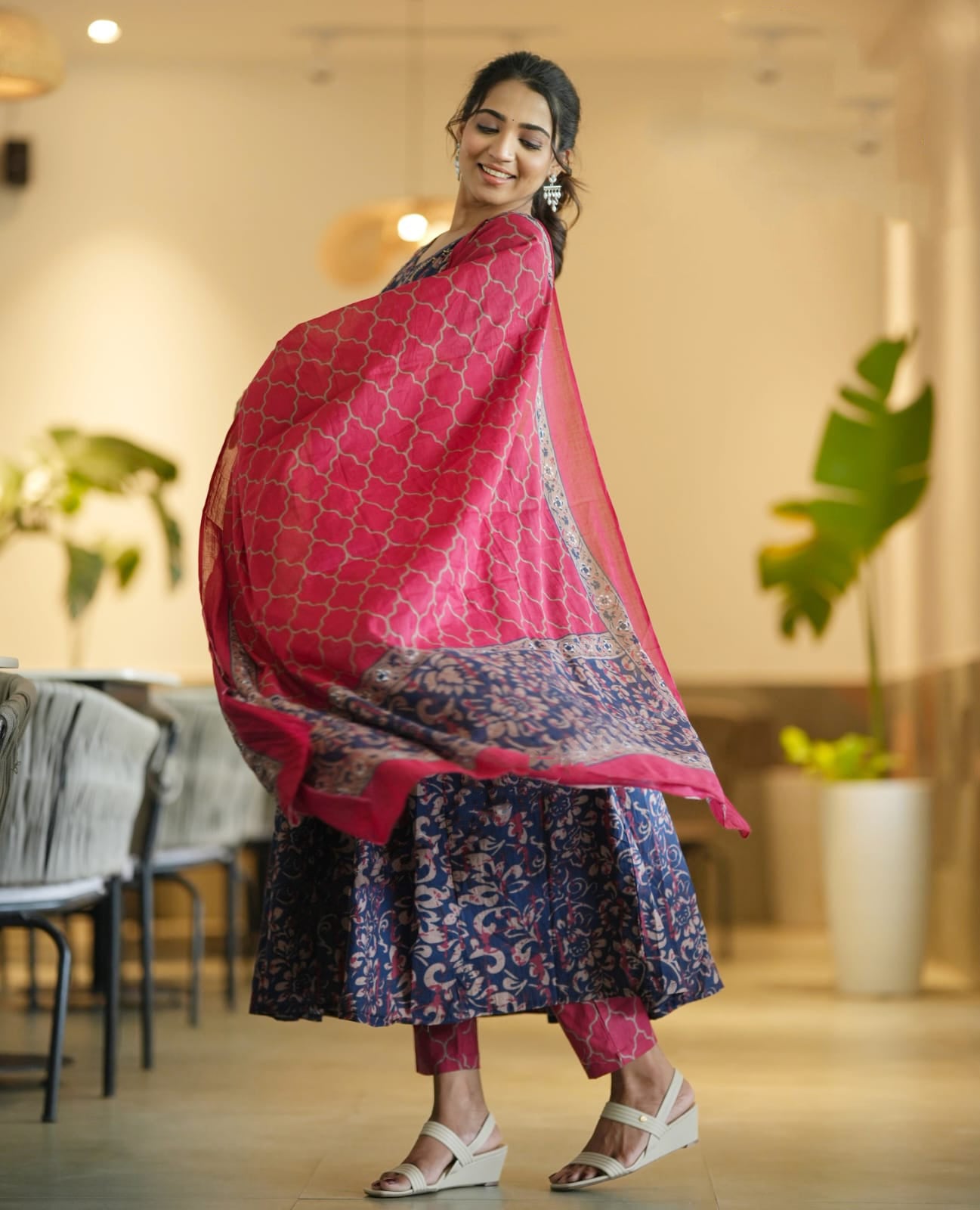 Ethnic Set Women Floral Anarkali Printed  Kurta and Pant Set With Dupatta