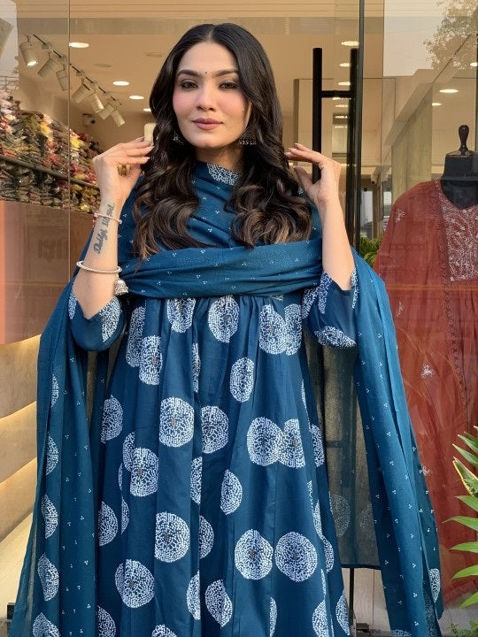 Ethnic Set Women A-Line Blue Kurta And Pant Set With Dupatta