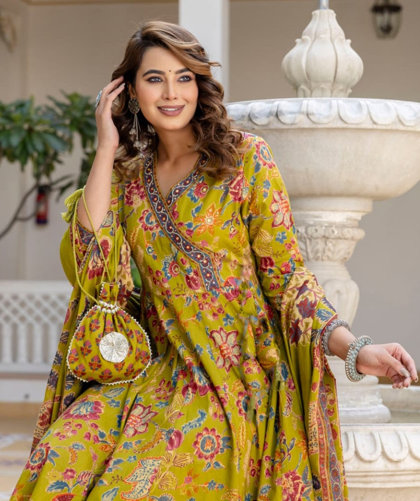 Ethnic Set Women Anarkali Yellow Kurta And Pant Set With Dupatta