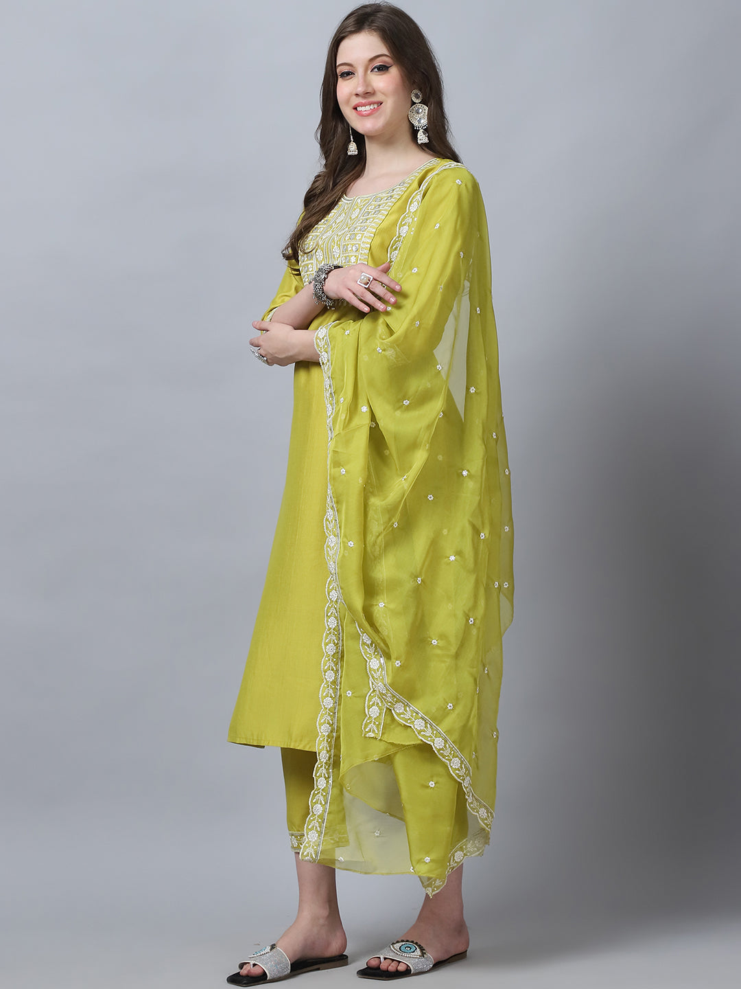 Ethnic Set Women Embroidery Straight Kurta and Pant set with Dupatta - Ethnic Set