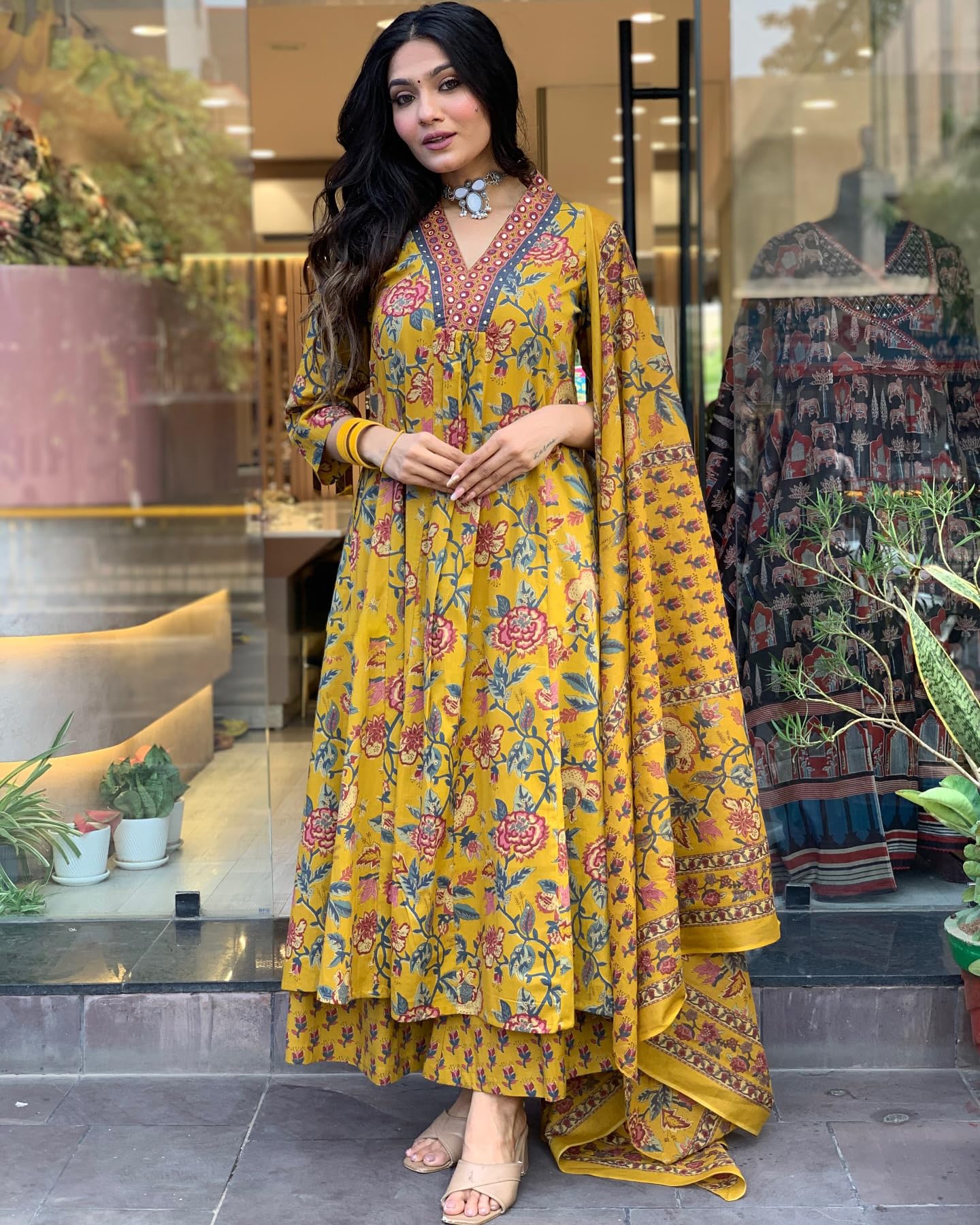 Ethnic Set Women Printed A-Line Yellow Kurta and Pant Set With Dupatta