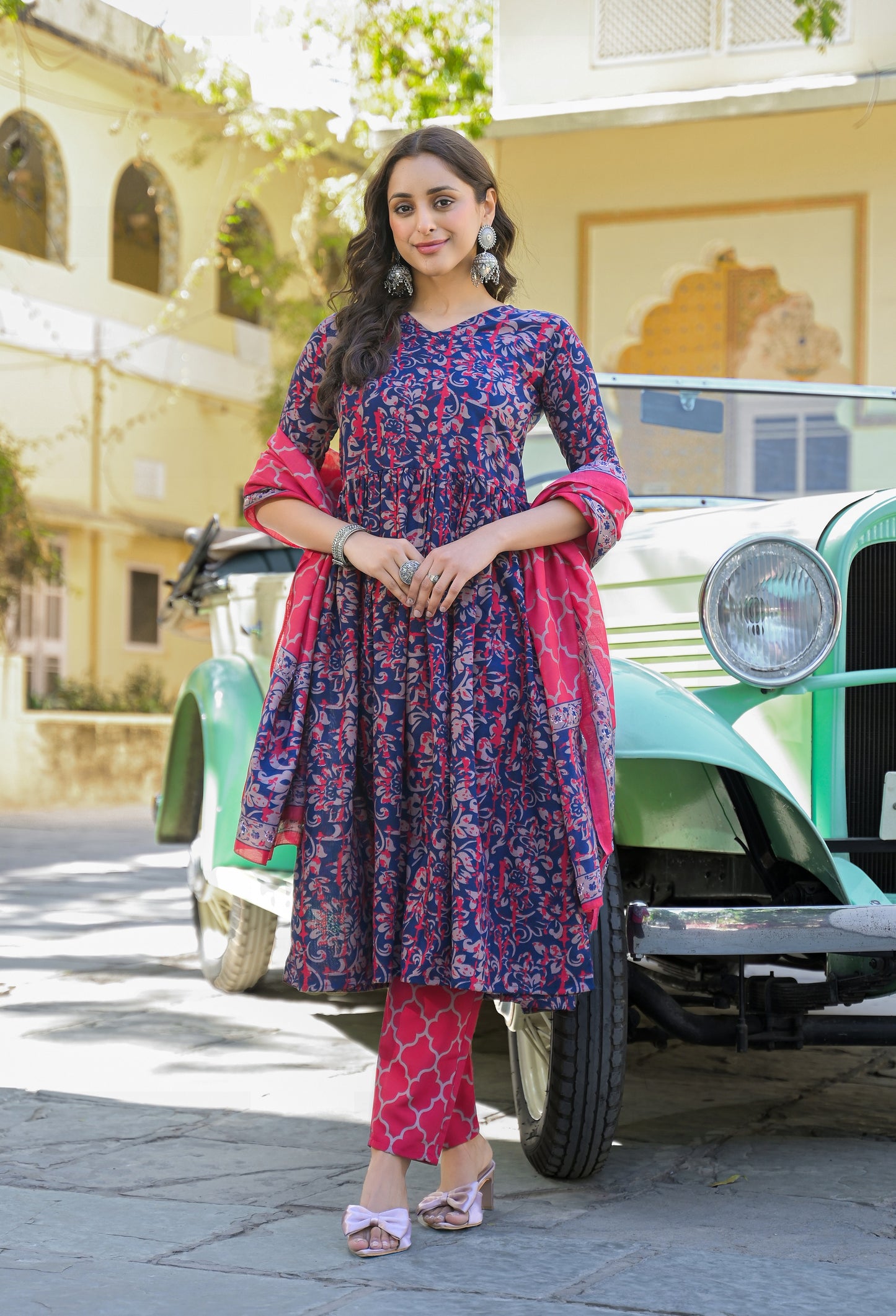 Ethnic Set Women Printed Anarkali Blue Kurta And Pant Set With Dupatta