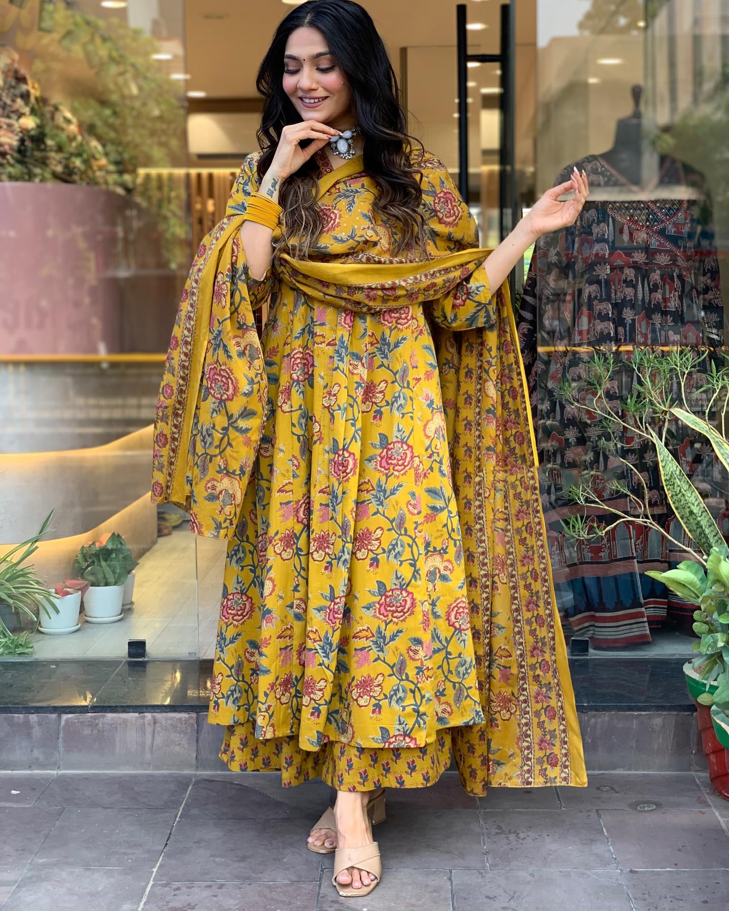 Ethnic Set Women Printed A-Line Yellow Kurta and Pant Set With Dupatta