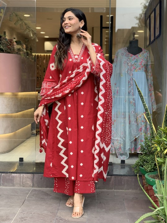 Ethnic Set Women Printed A-Line Red Kurta and Pant Set With Dupatta