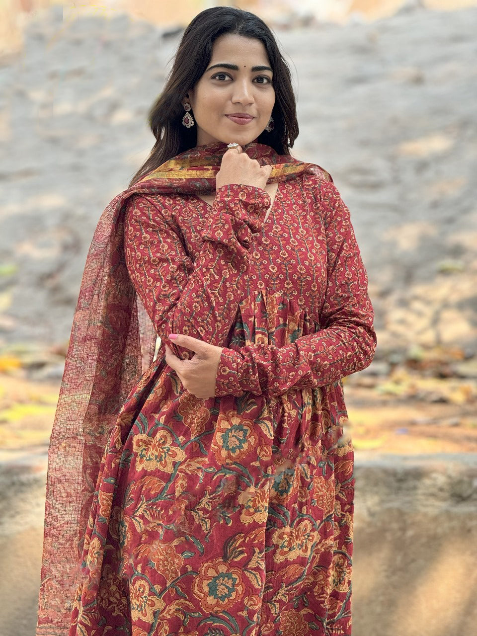 Ethnic Set Women Printed Anarkali Red Kurta and Pant Set With Dupatta