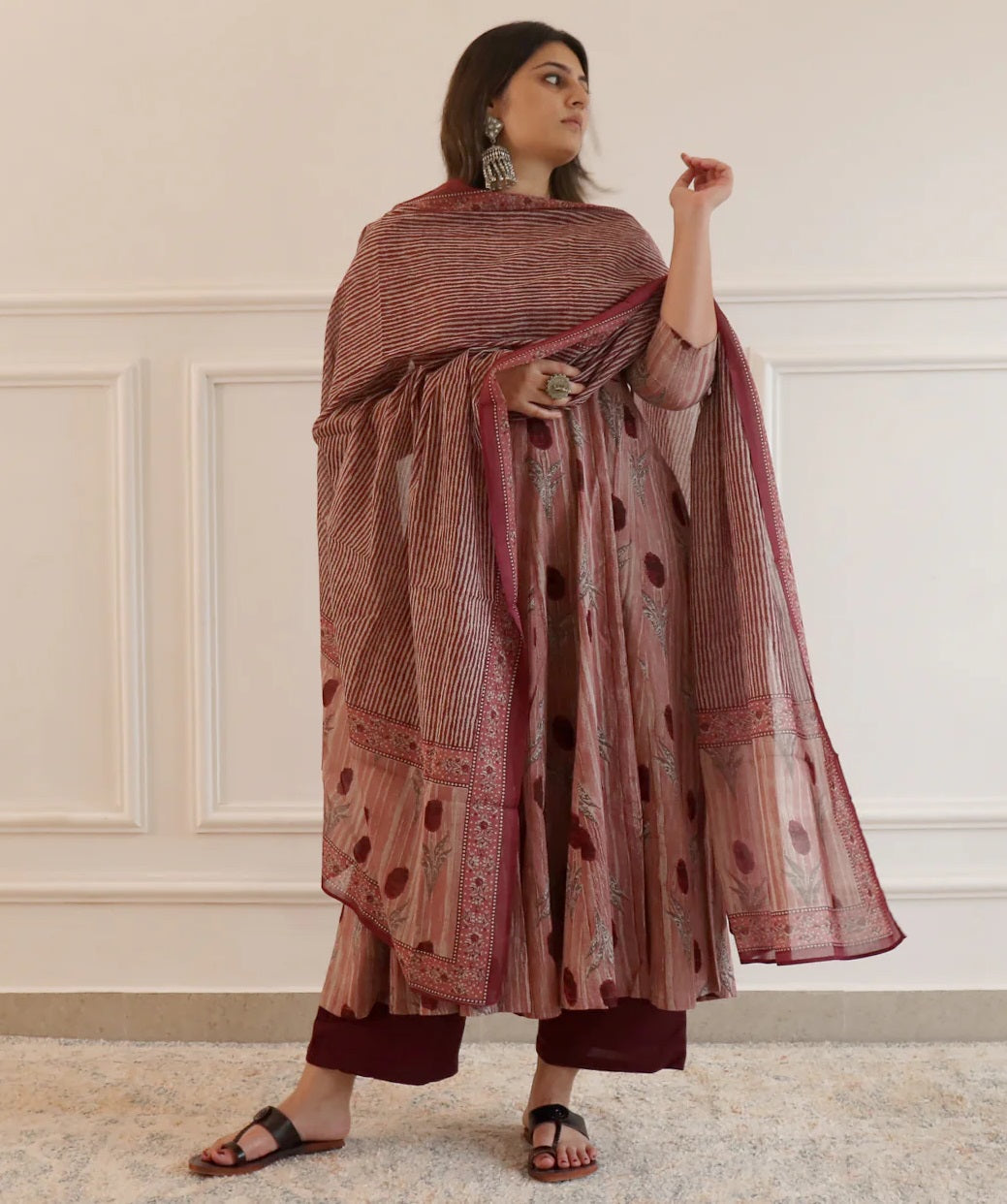 Ethnic Set Women Printed Anarkali Kurta and Pant Set with Dupatta