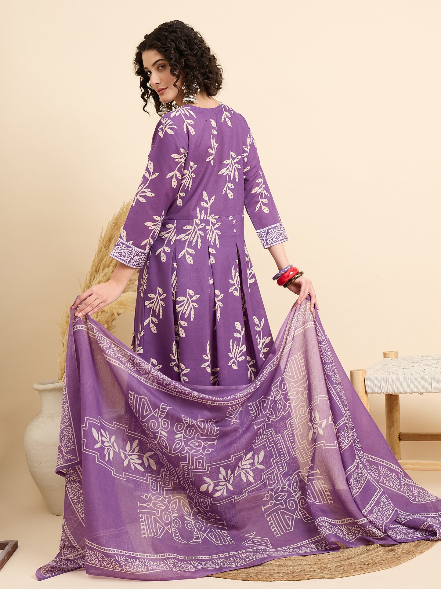 Ethnic Set Women Printed Anarkali Kurta And Pant Set With Dupatta