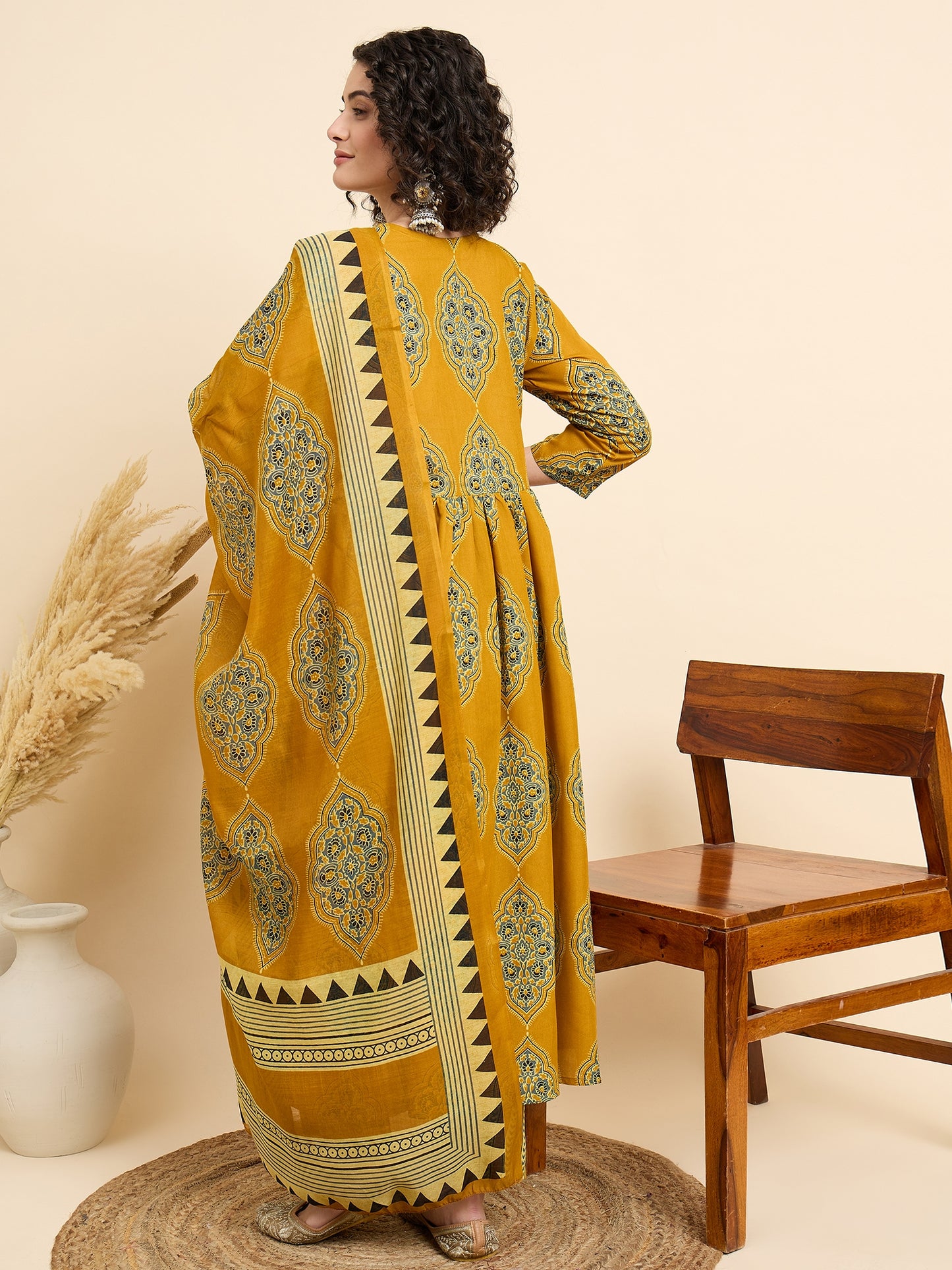 Ethnic Set Women Printed Anarkali Yellow Kurta And Pant Set With Dupatta