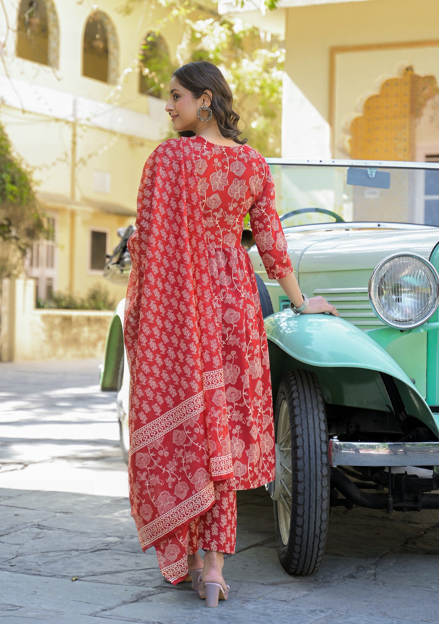 Ethnic Set Women Floral Printed Anarkali Red Kurta And Pant Set With Dupatta