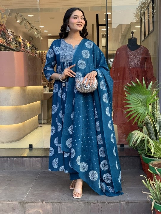 Ethnic Set Women A-Line Blue Kurta And Pant Set With Dupatta