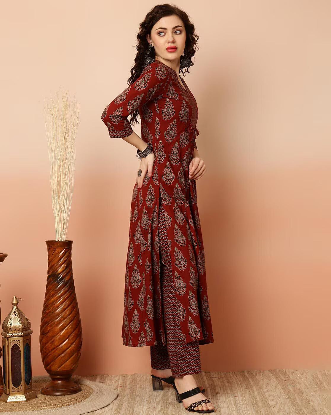Ethnic Set Women Printed Anarkali Red Kurta and Pant Set With Dupatta