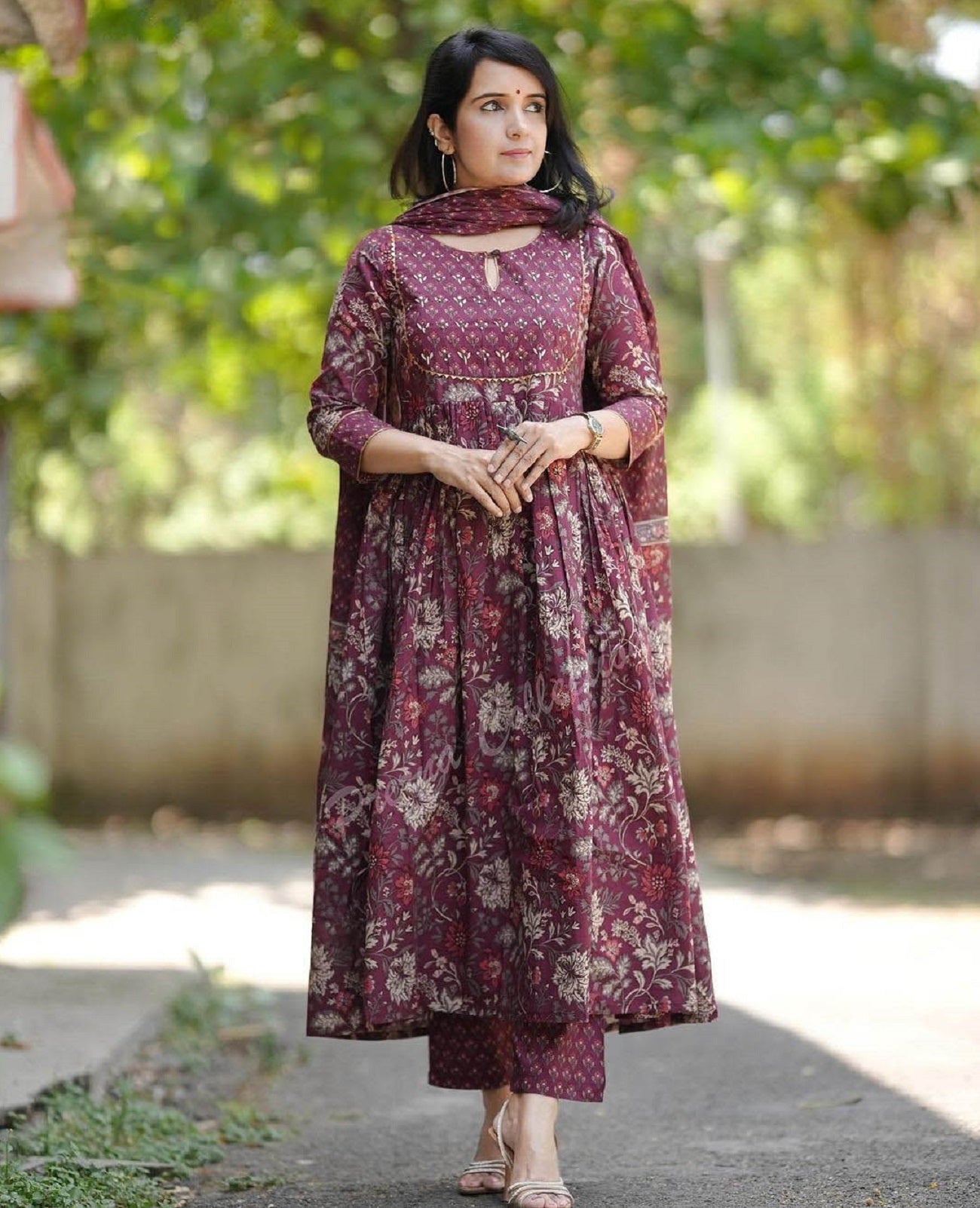 Ethnic Set Women Anarkali Printed Maroon Kurta and Pant Set With Dupatta