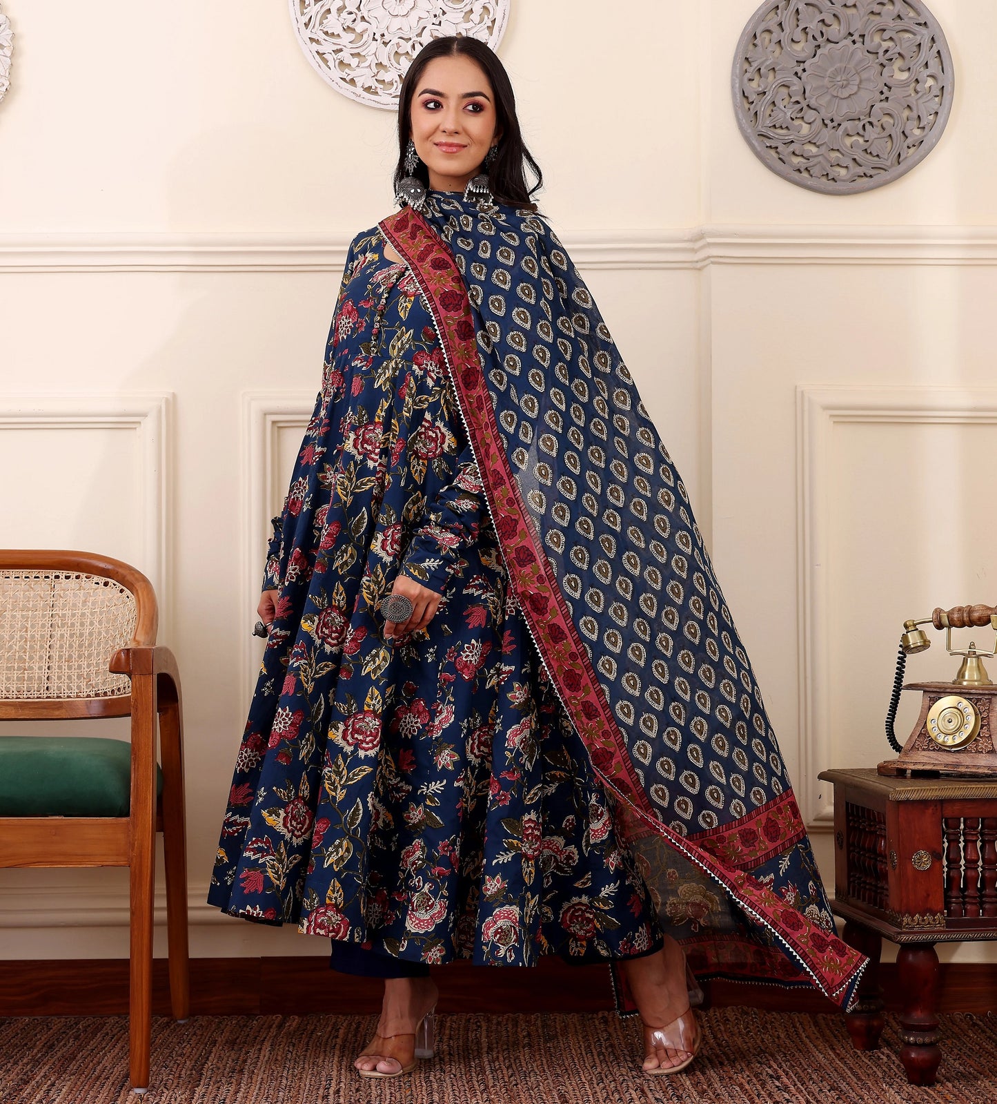 Ethnic Set Women Printed Anarkali Blue Kurta and Pant Set With Dupatta