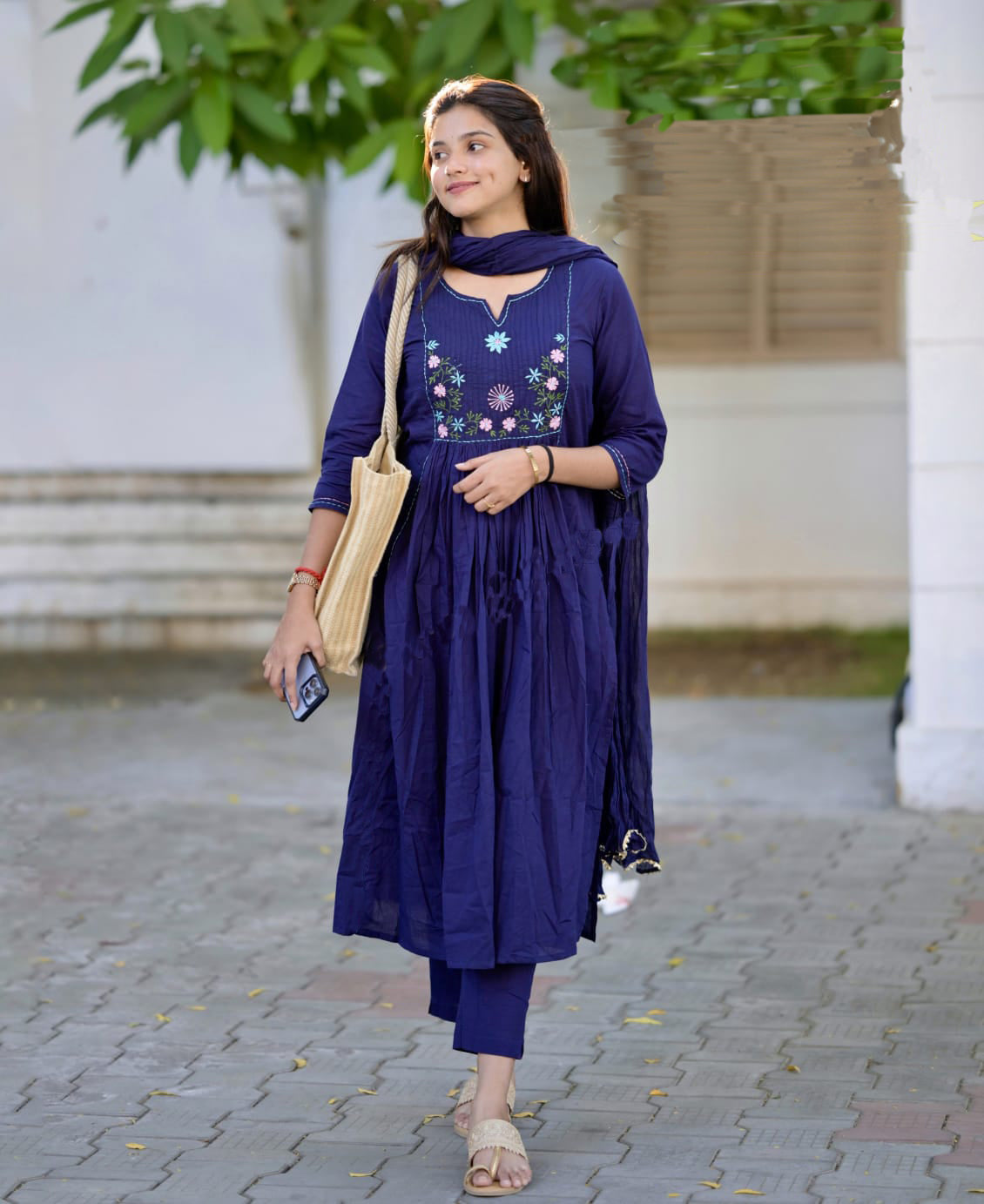 Ethnic Set Women Silk Embroidery Straight Kurta and Pant Set with Dupatta