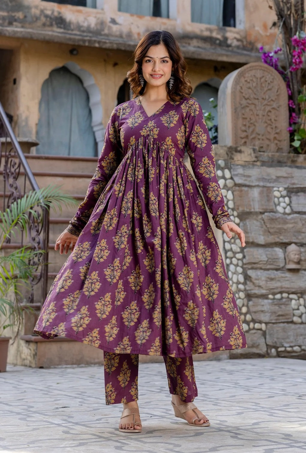 Ethnic Set Women Printed Anarkali Kurta and Pant Set with Dupatta