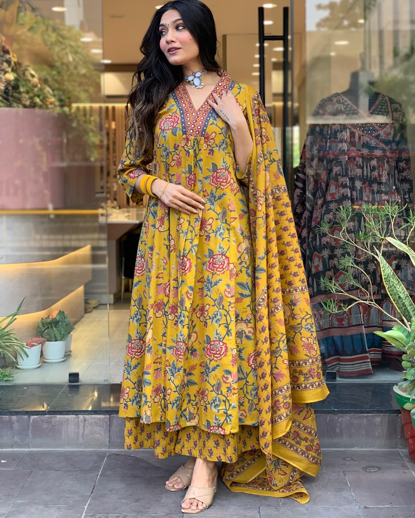 Ethnic Set Women Printed A-Line Yellow Kurta and Pant Set With Dupatta