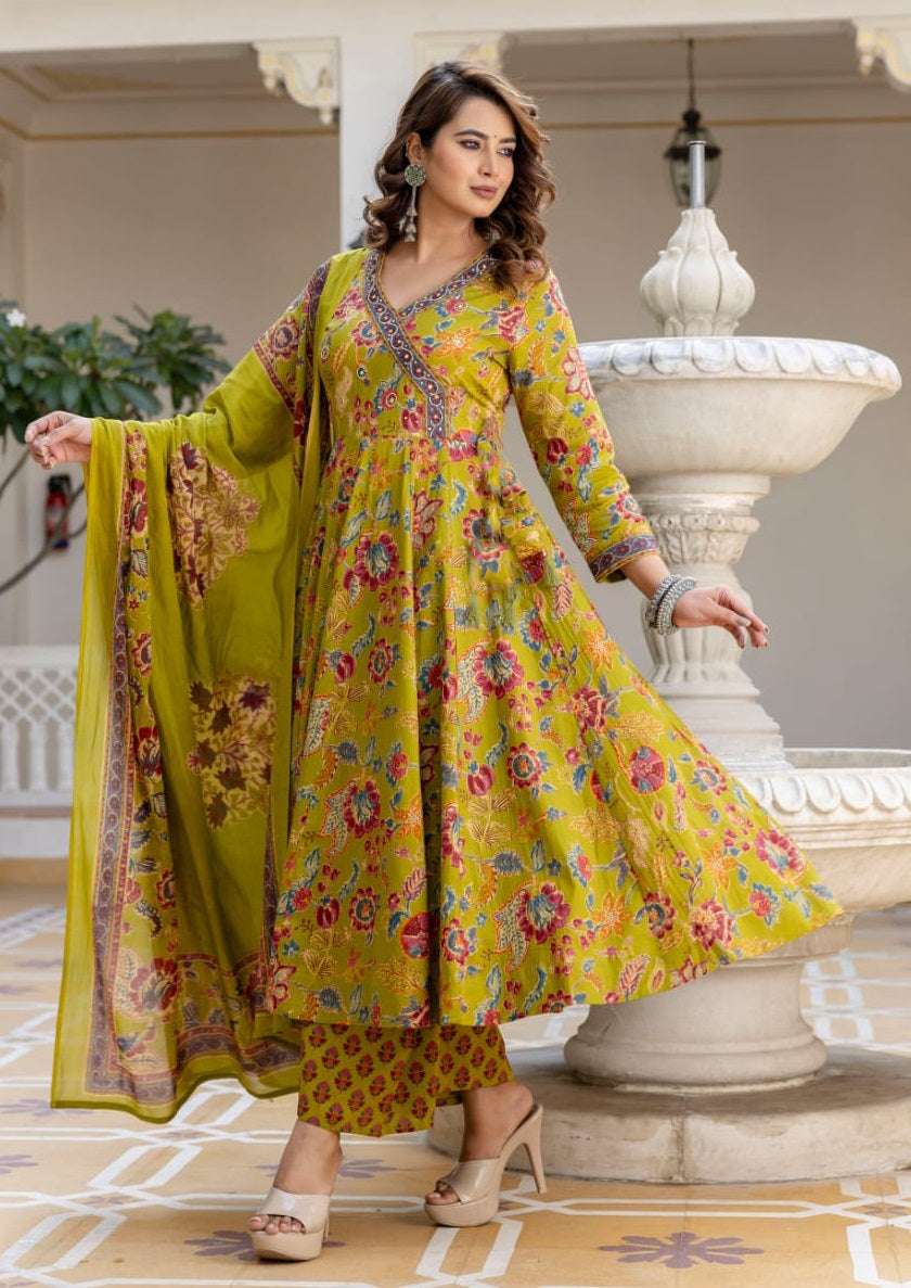 Ethnic Set Women Anarkali Yellow Kurta And Pant Set With Dupatta