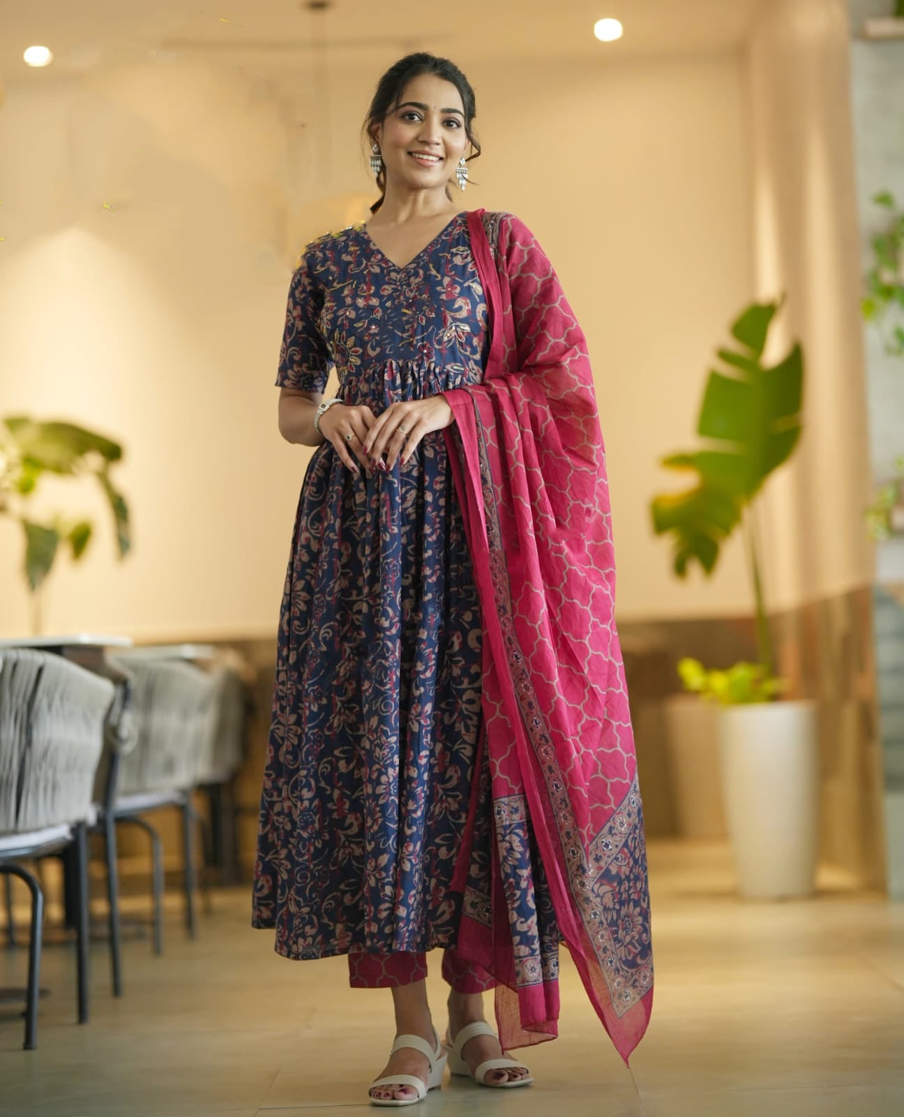 Ethnic Set Women Floral Anarkali Printed  Kurta and Pant Set With Dupatta