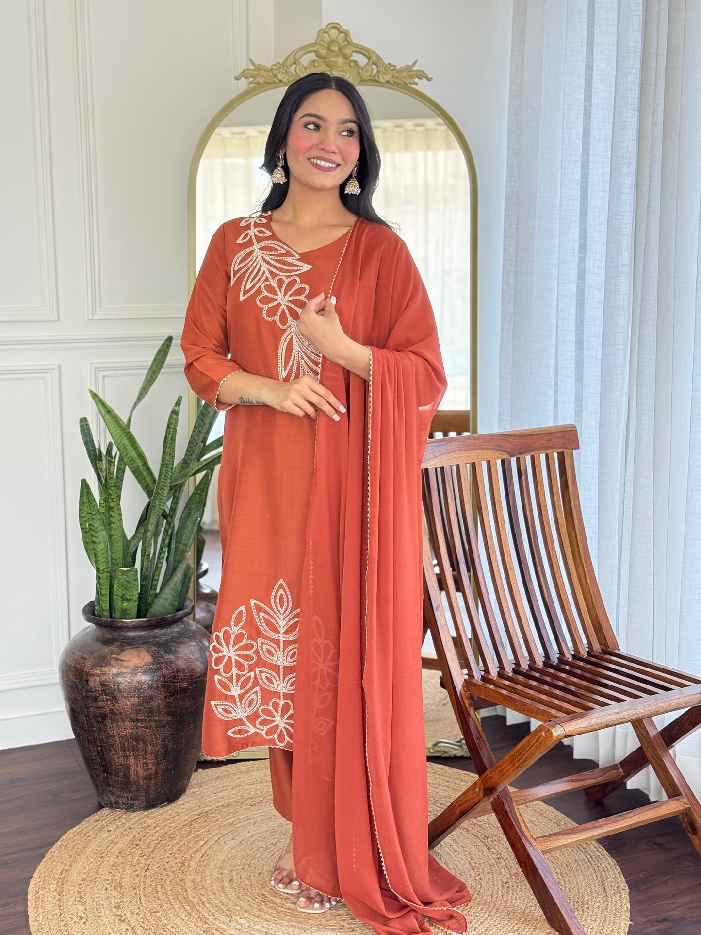 Ethnic Set Women Silk Embroidery Straight Kurta and Pant Set with dupatta