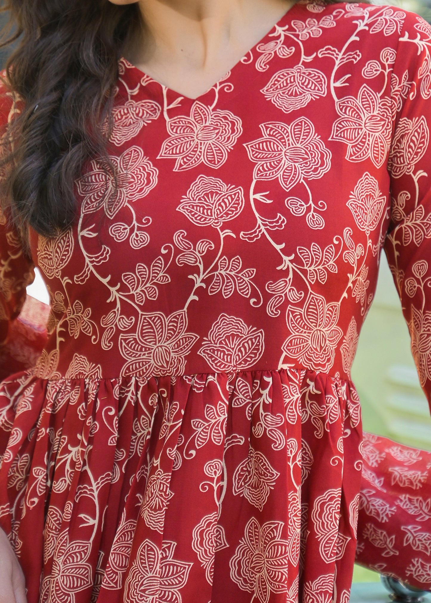 Ethnic Set Women Floral Printed Anarkali Red Kurta And Pant Set With Dupatta