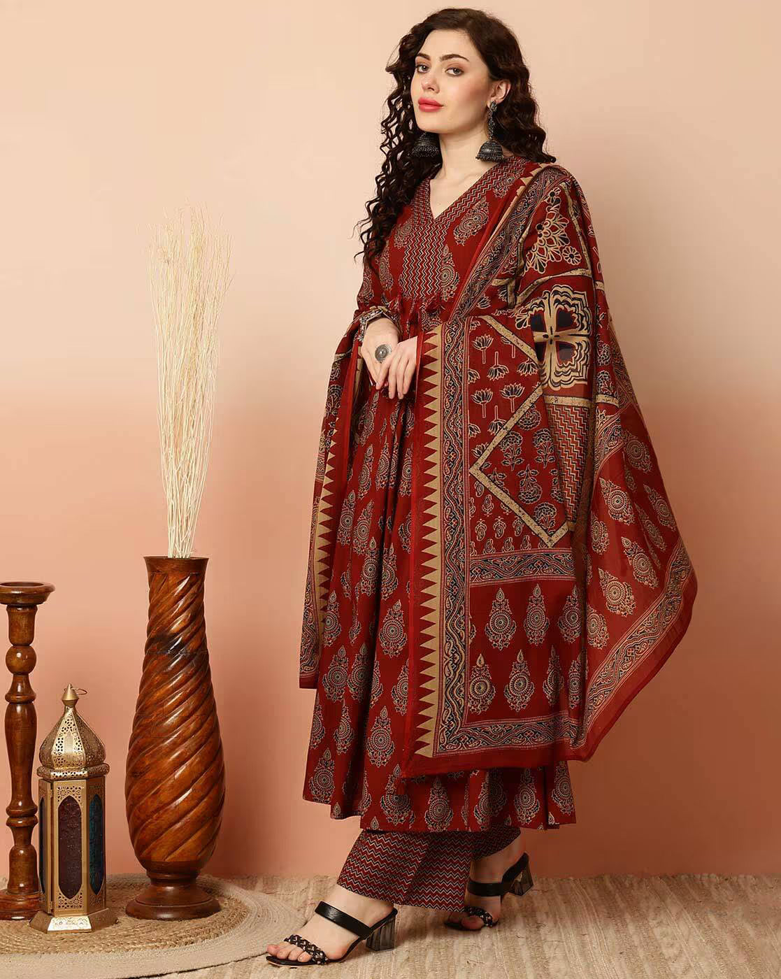 Ethnic Set Women Printed Anarkali Red Kurta and Pant Set With Dupatta