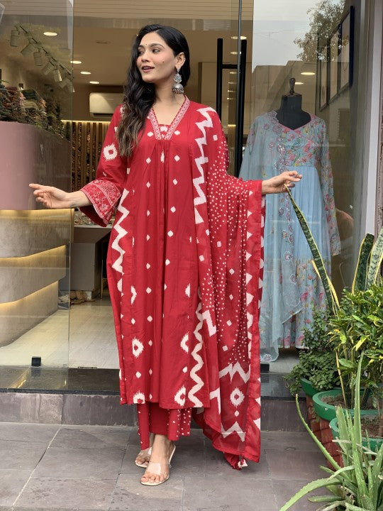 Ethnic Set Women Printed A-Line Red Kurta and Pant Set With Dupatta