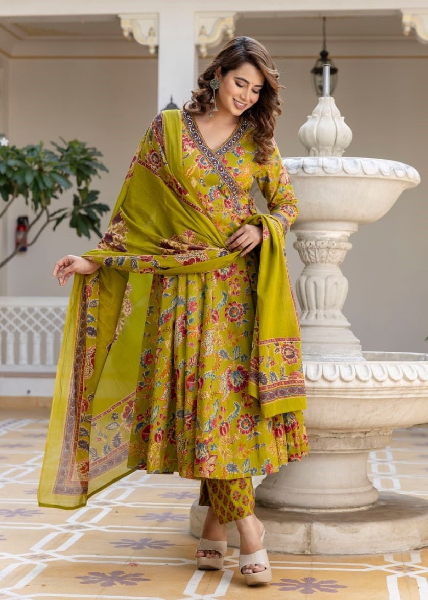 Ethnic Set Women Anarkali Yellow Kurta And Pant Set With Dupatta