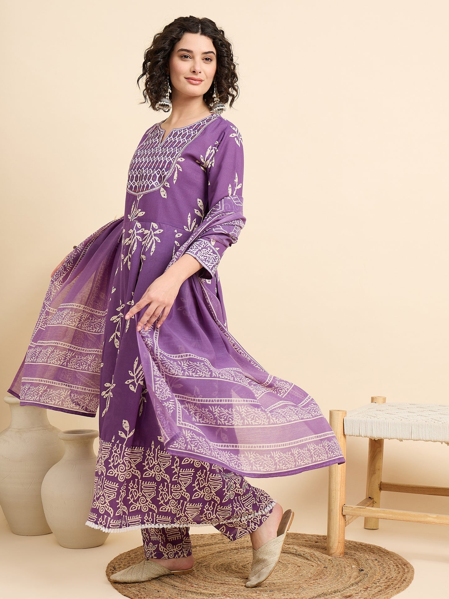 Ethnic Set Women Printed Anarkali Kurta And Pant Set With Dupatta