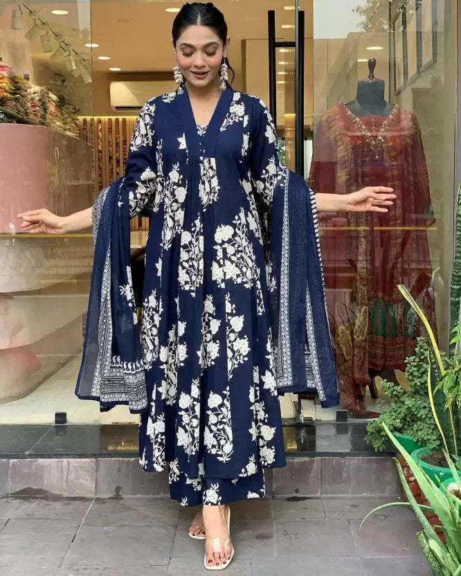 Ethnic Set Women Printed A-Line Blue Kurta and Pant Set With Dupatta