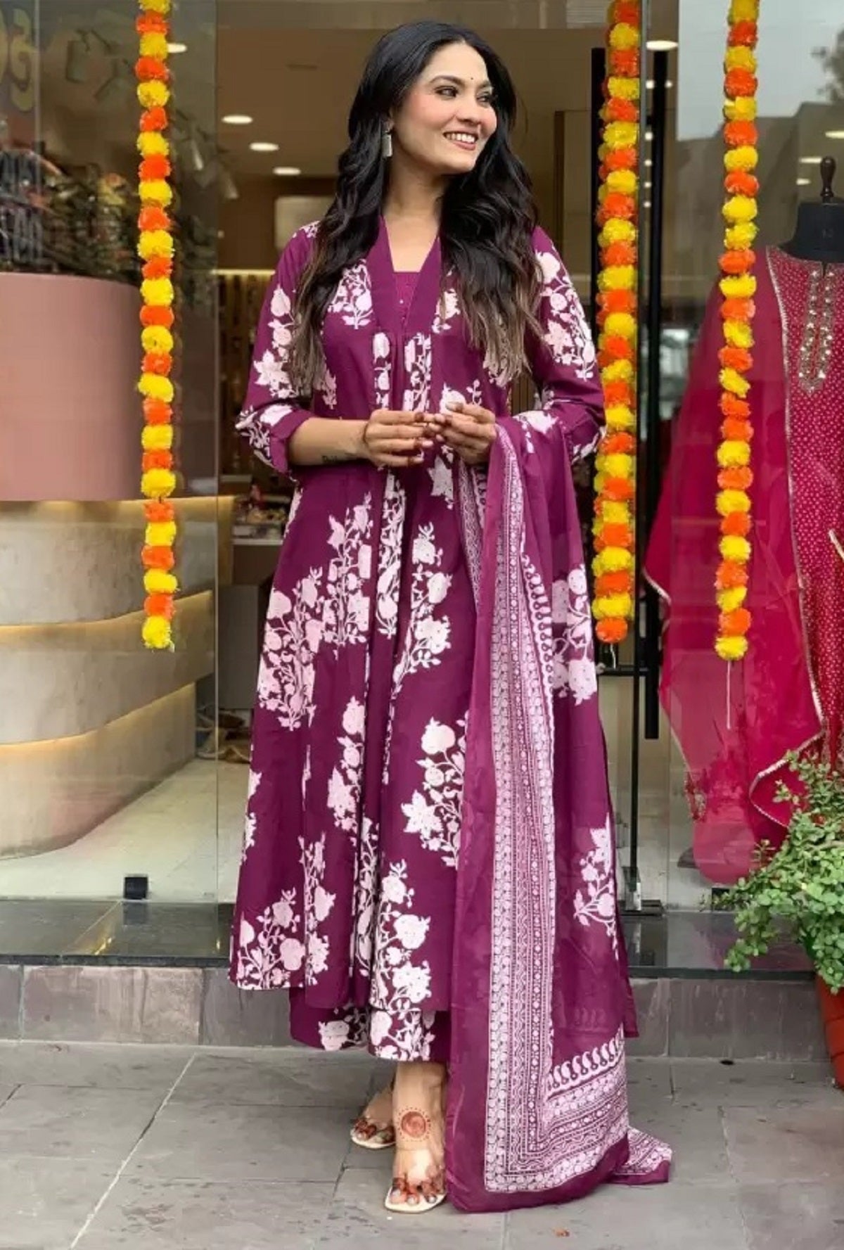 Ethnic Set Women Printed A-Line Purple Kurta and Pant Set With Dupatta