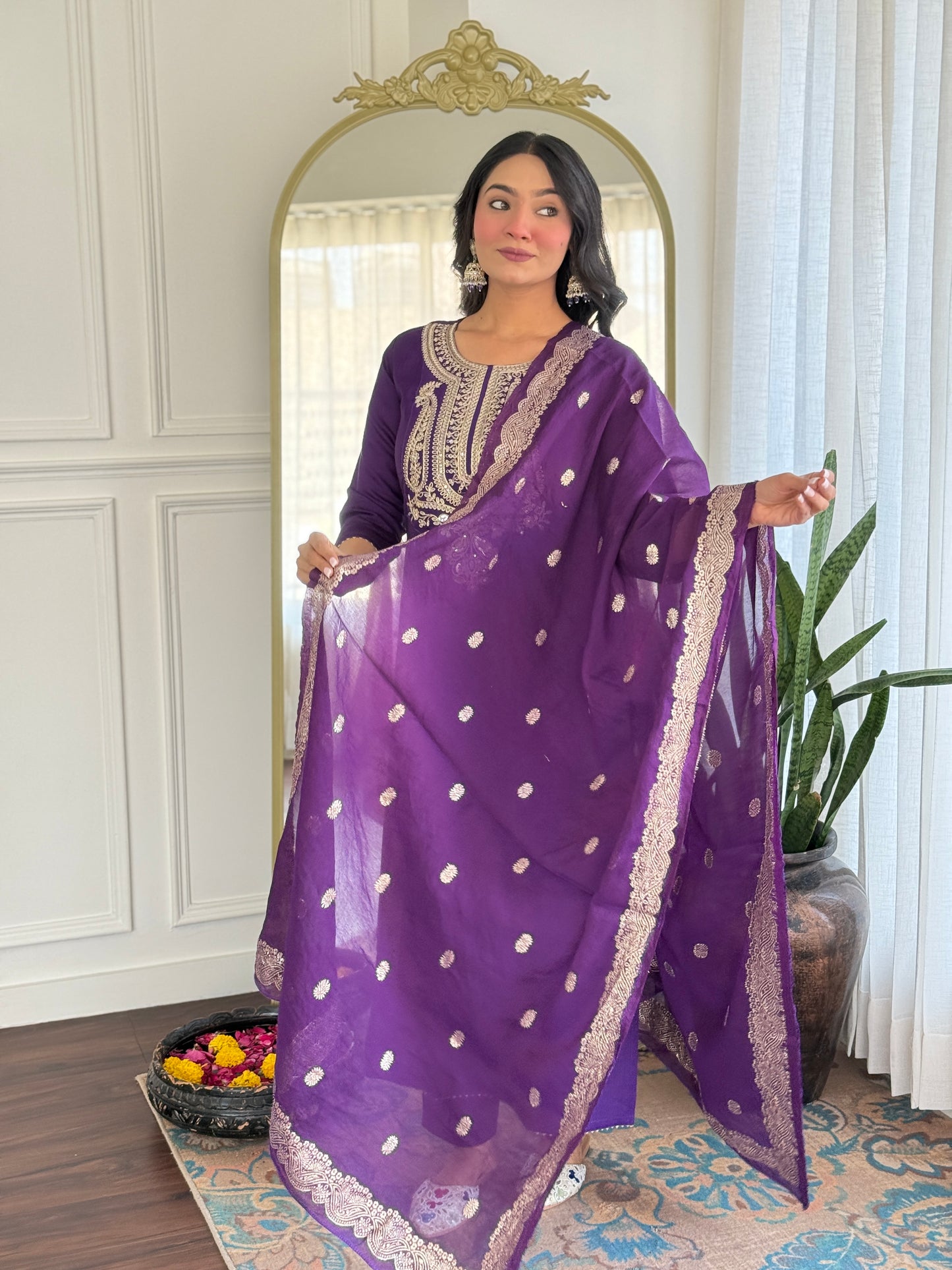 Women's Solid Embroidery Kurta Set – Ethnic Festive Wear (Kurta + Pants + Dupatta)